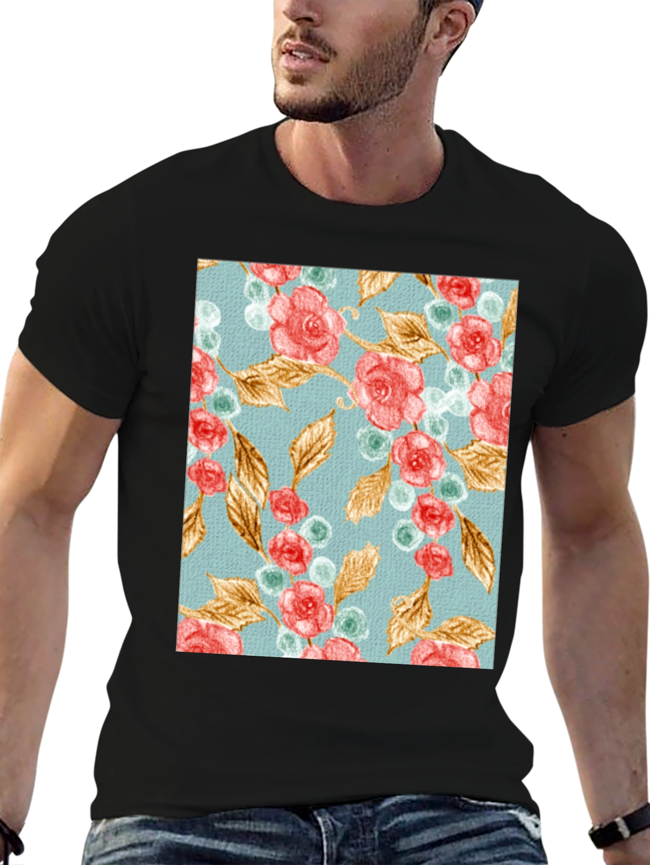 Floral Roses & Leaves Print Black T-Shirt
