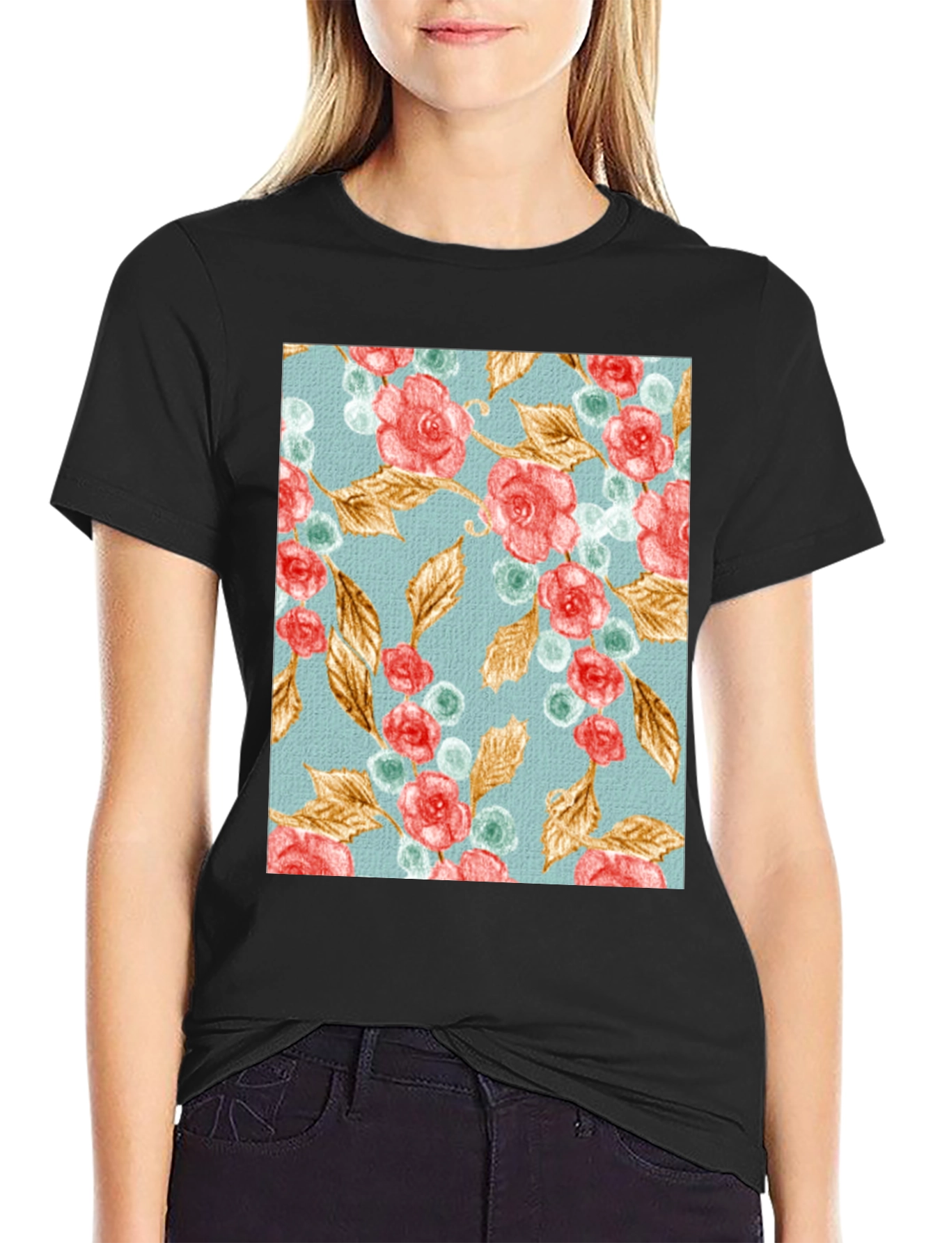 Floral Roses & Leaves Print Black T-Shirt