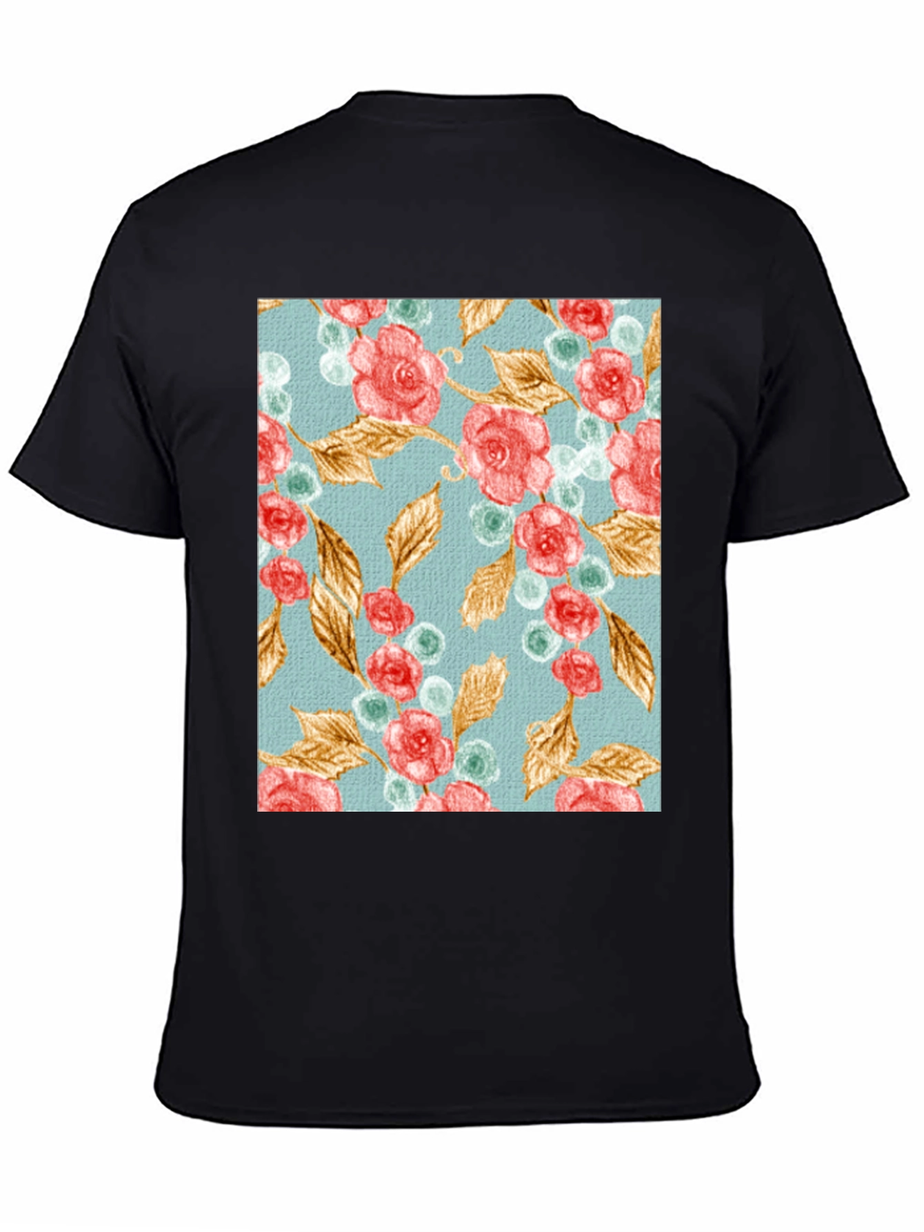 Floral Roses & Leaves Print Black T-Shirt