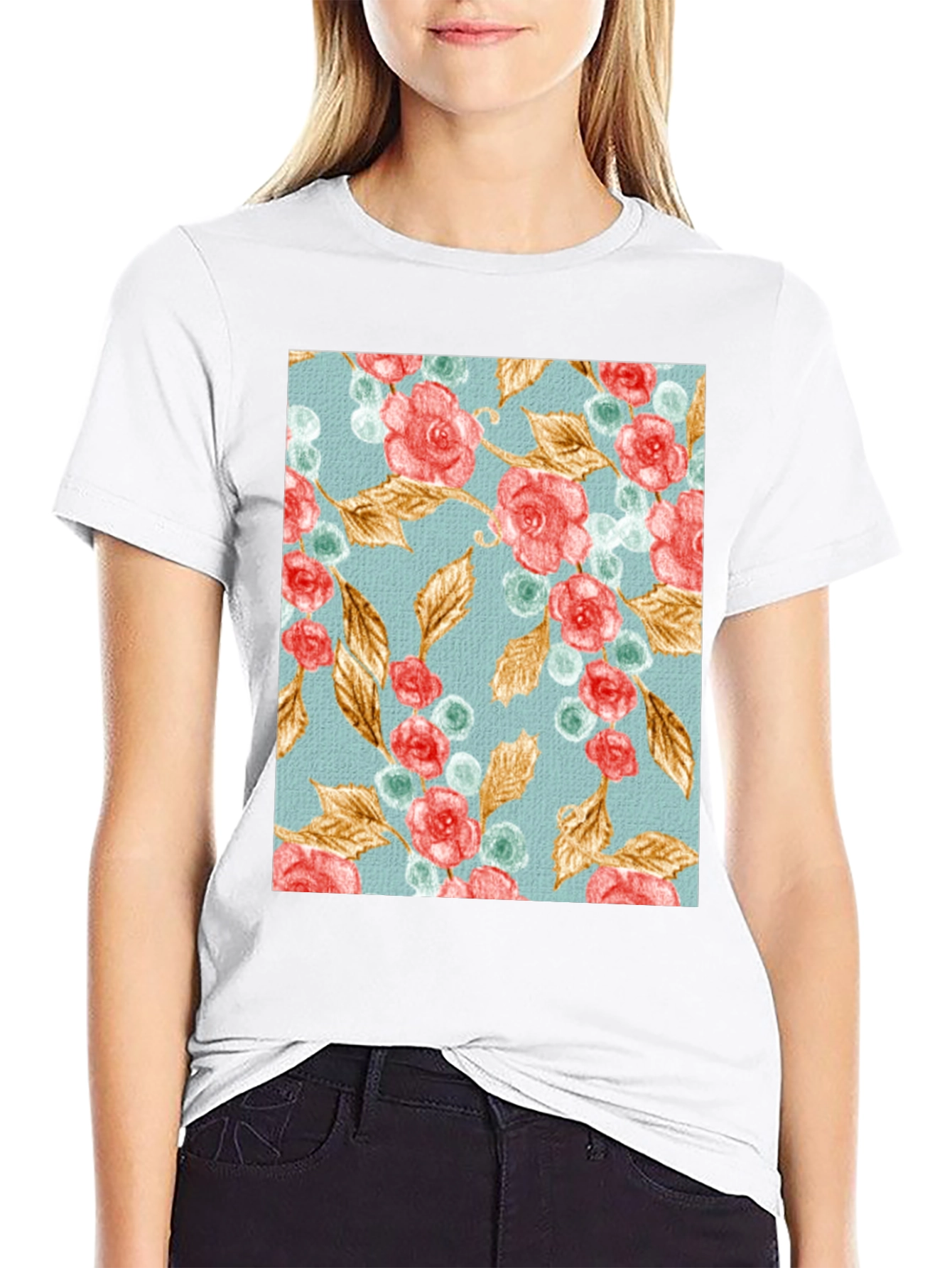 Floral Roses & Leaves Print Black T-Shirt