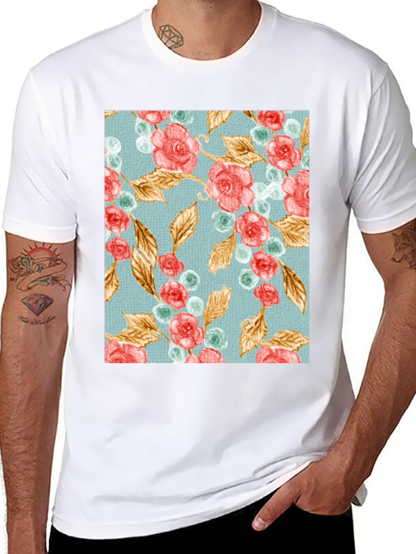 Floral Roses & Leaves Print Black T-Shirt