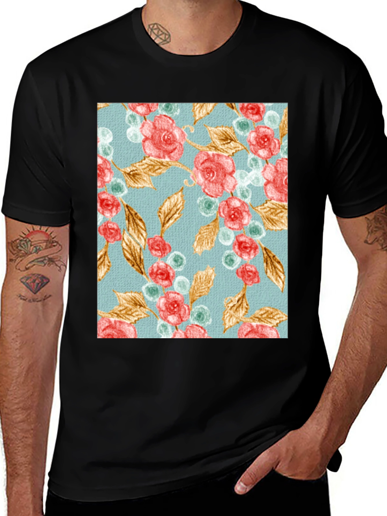 Floral Roses & Leaves Print Black T-Shirt