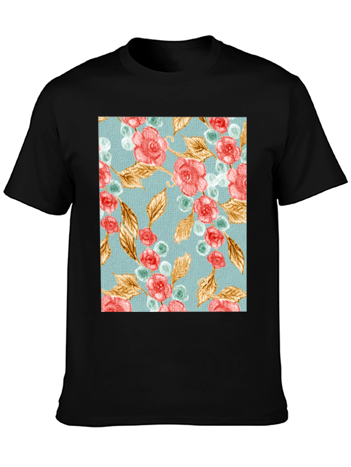 Floral Roses & Leaves Print Black T-Shirt