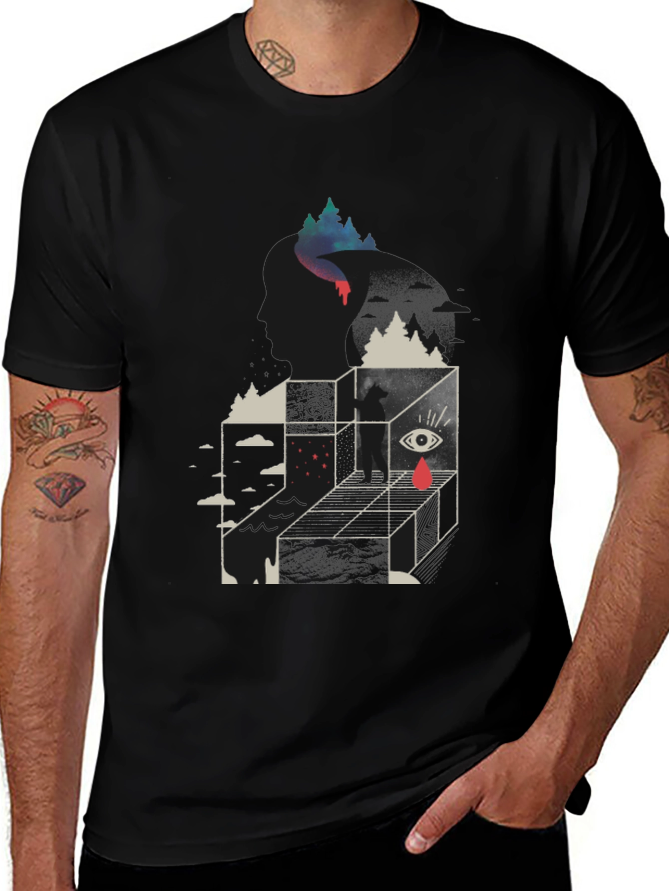 Surreal Graphic Tee - Mens Black Cotton Blend T-Shirt