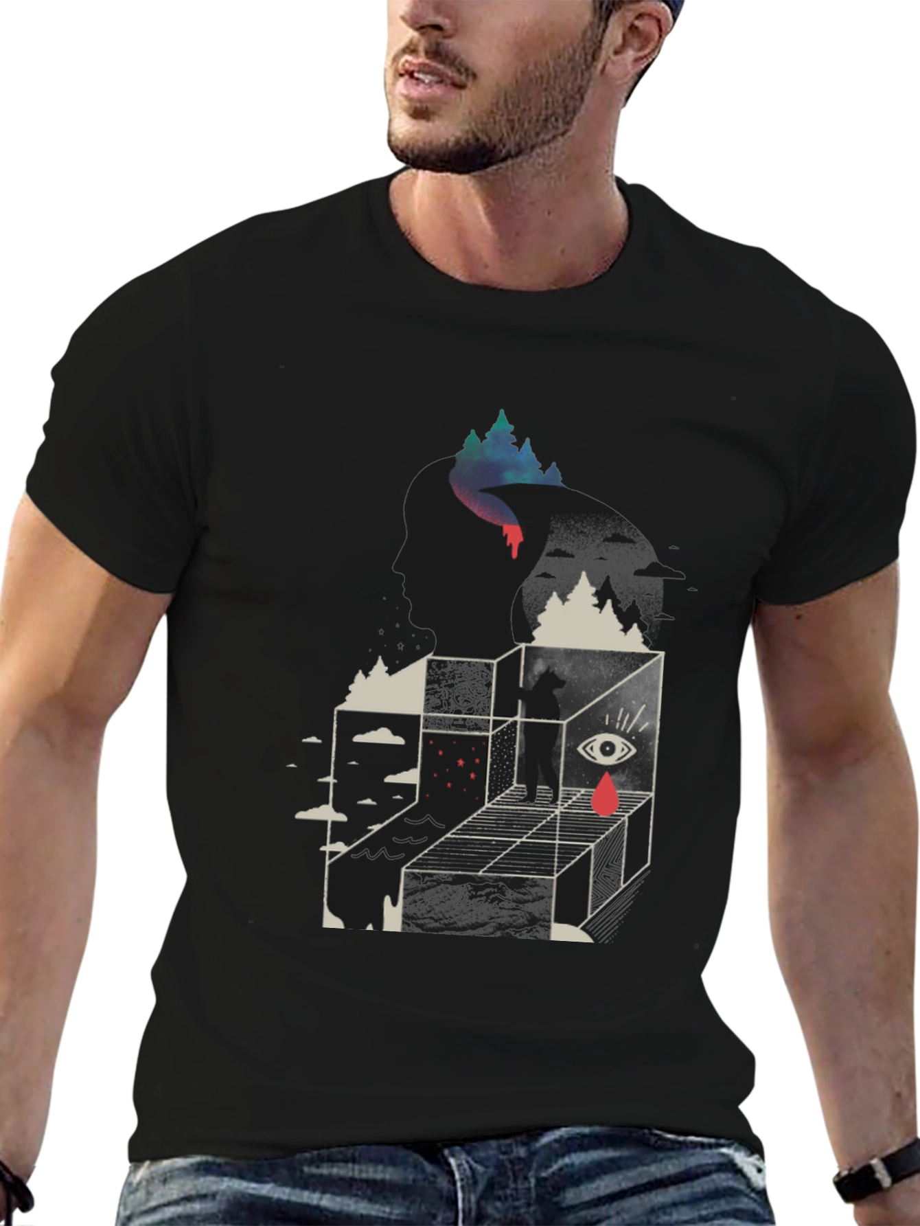 Surreal Graphic Tee - Mens Black Cotton Blend T-Shirt
