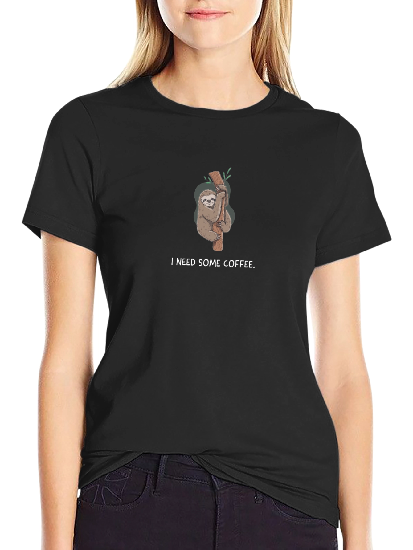 I Need Some Coffee Sloth Black T-Shirt