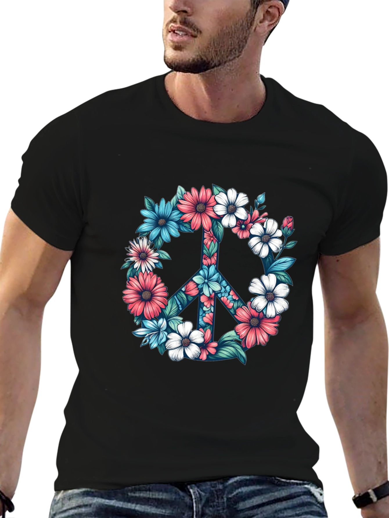 Floral Peace Sign Graphic Tee - Black T-Shirt