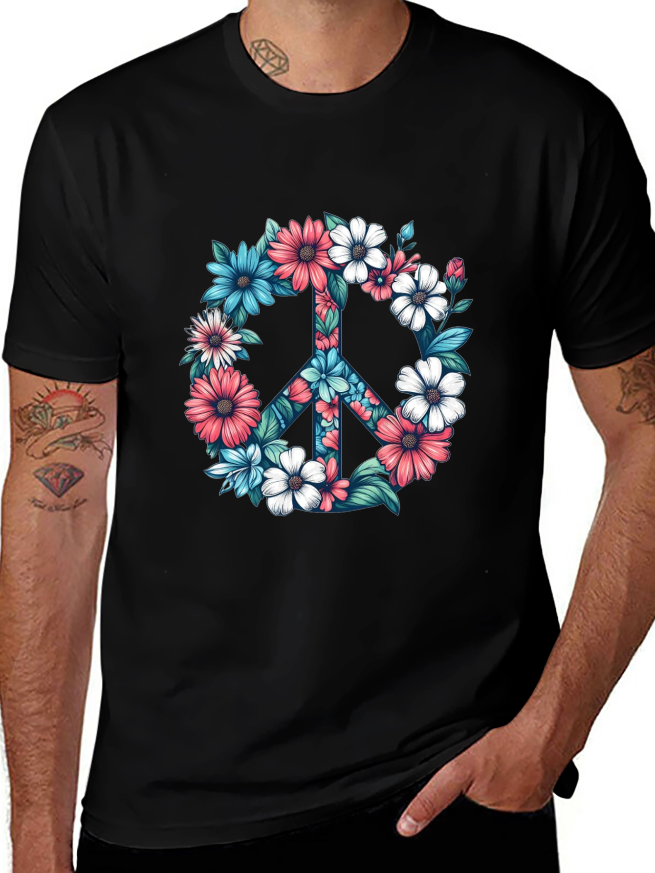 Floral Peace Sign Graphic Tee - Black T-Shirt