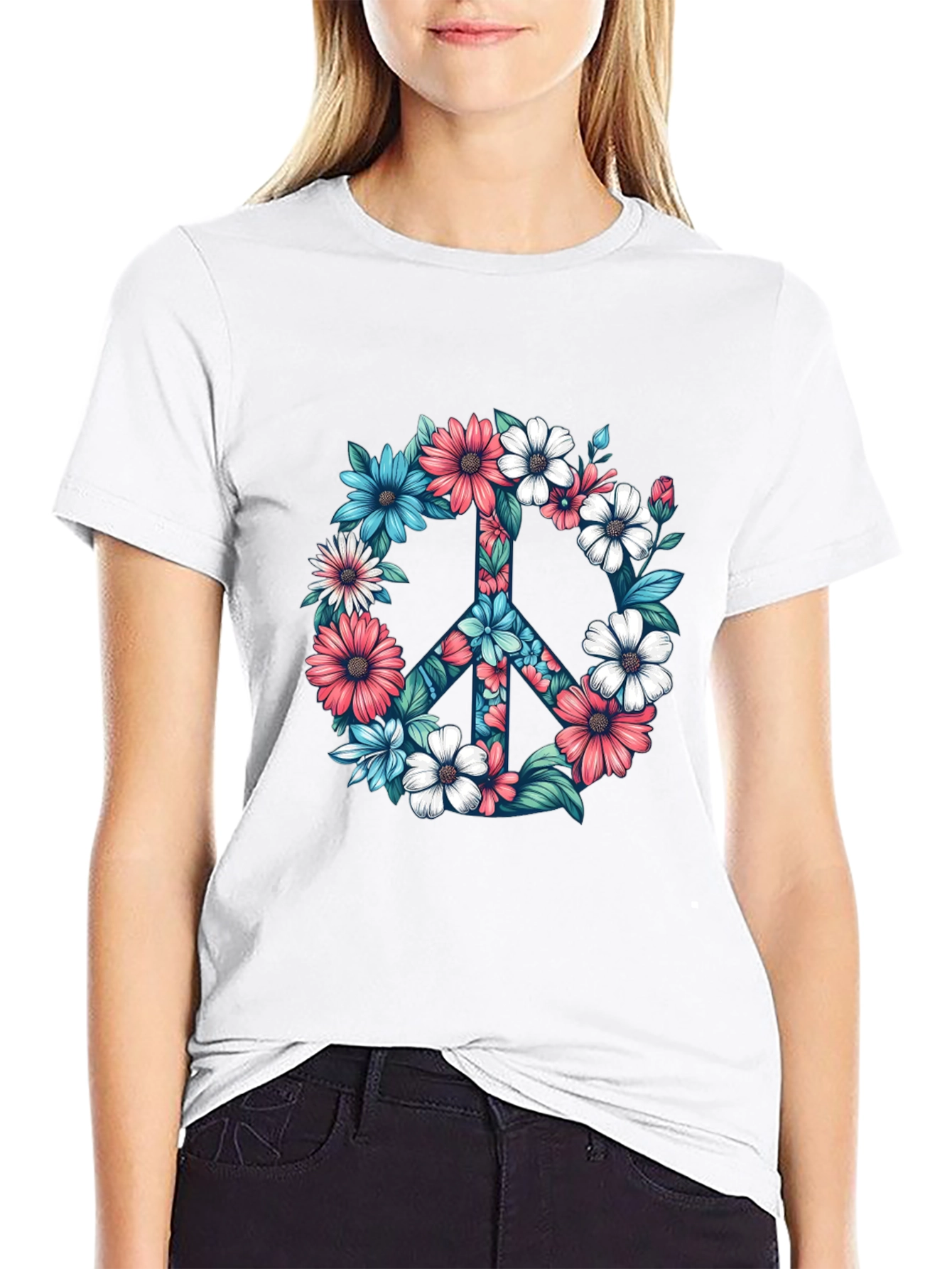 Floral Peace Sign Graphic Tee - Black T-Shirt