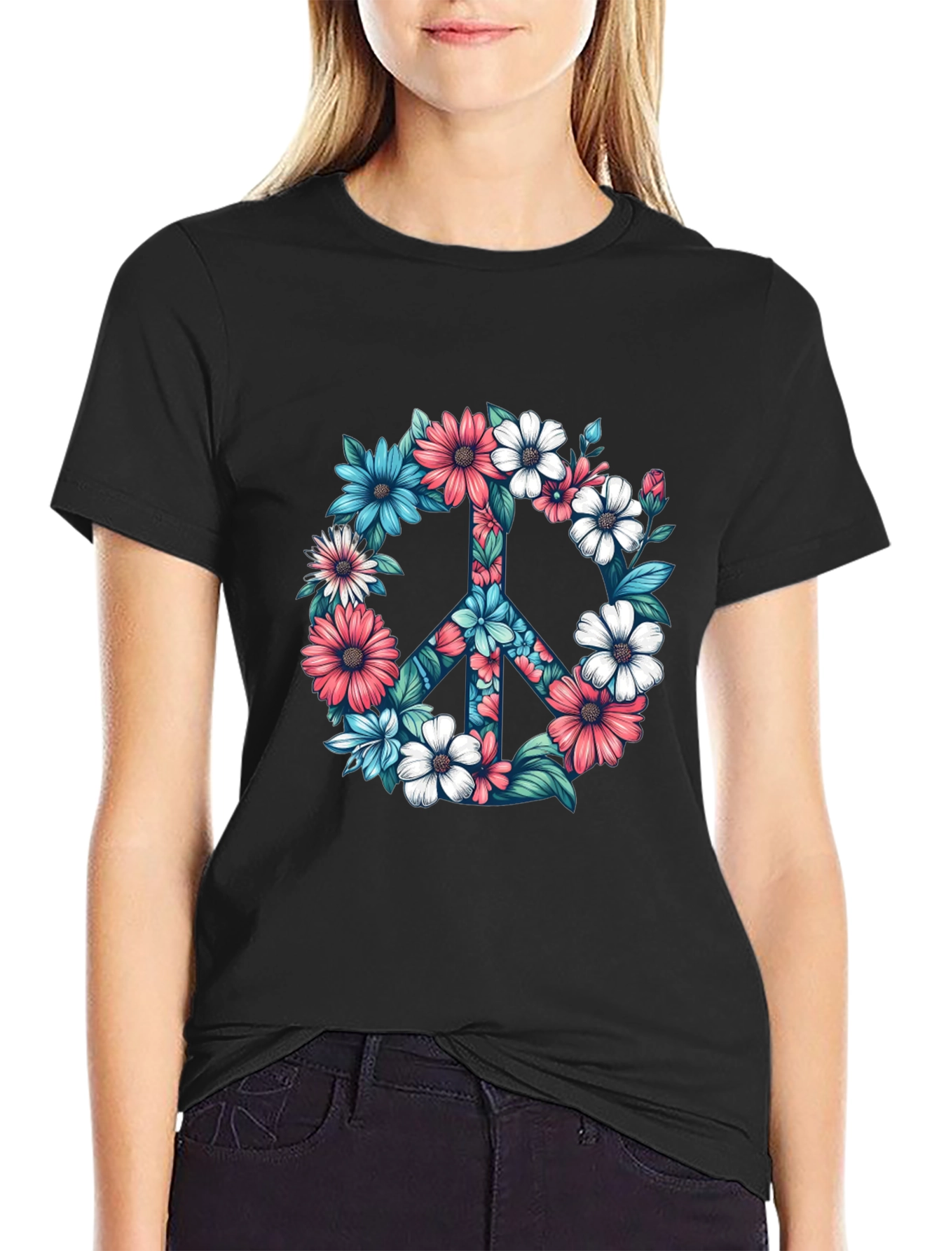 Floral Peace Sign Graphic Tee - Black T-Shirt
