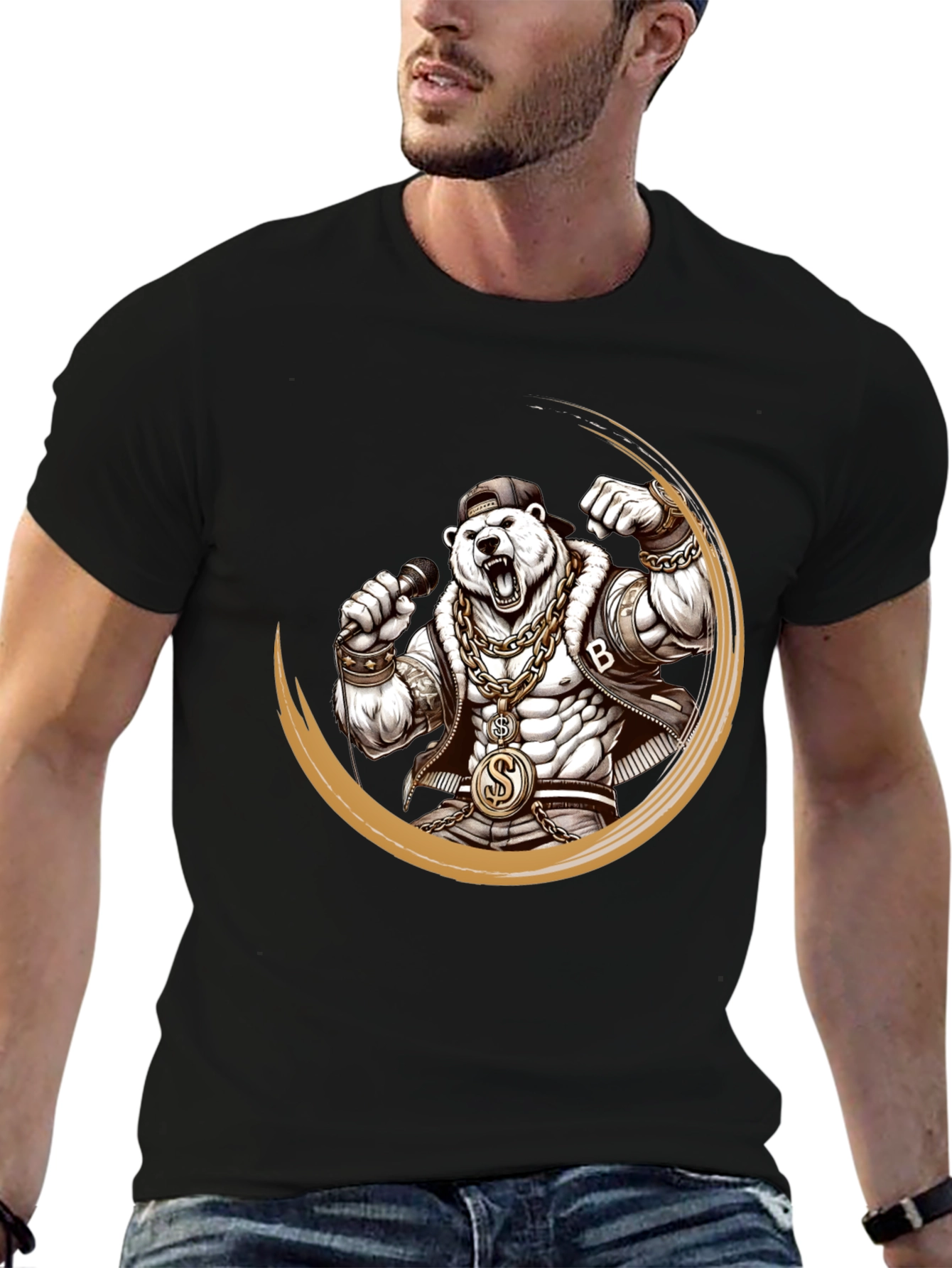 Rapper Bear Graphic Tee - Black Cotton T-Shirt