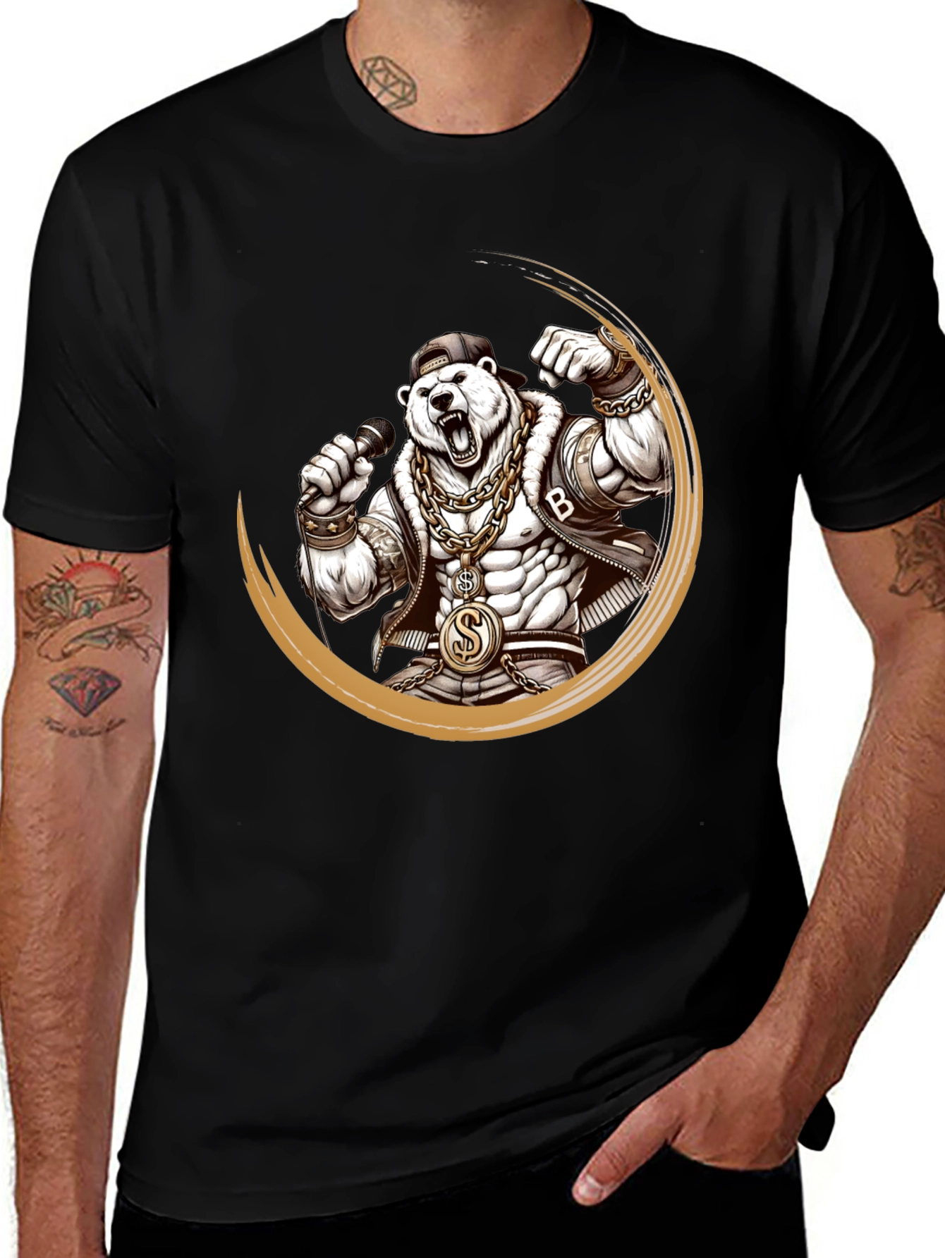 Rapper Bear Graphic Tee - Black Cotton T-Shirt