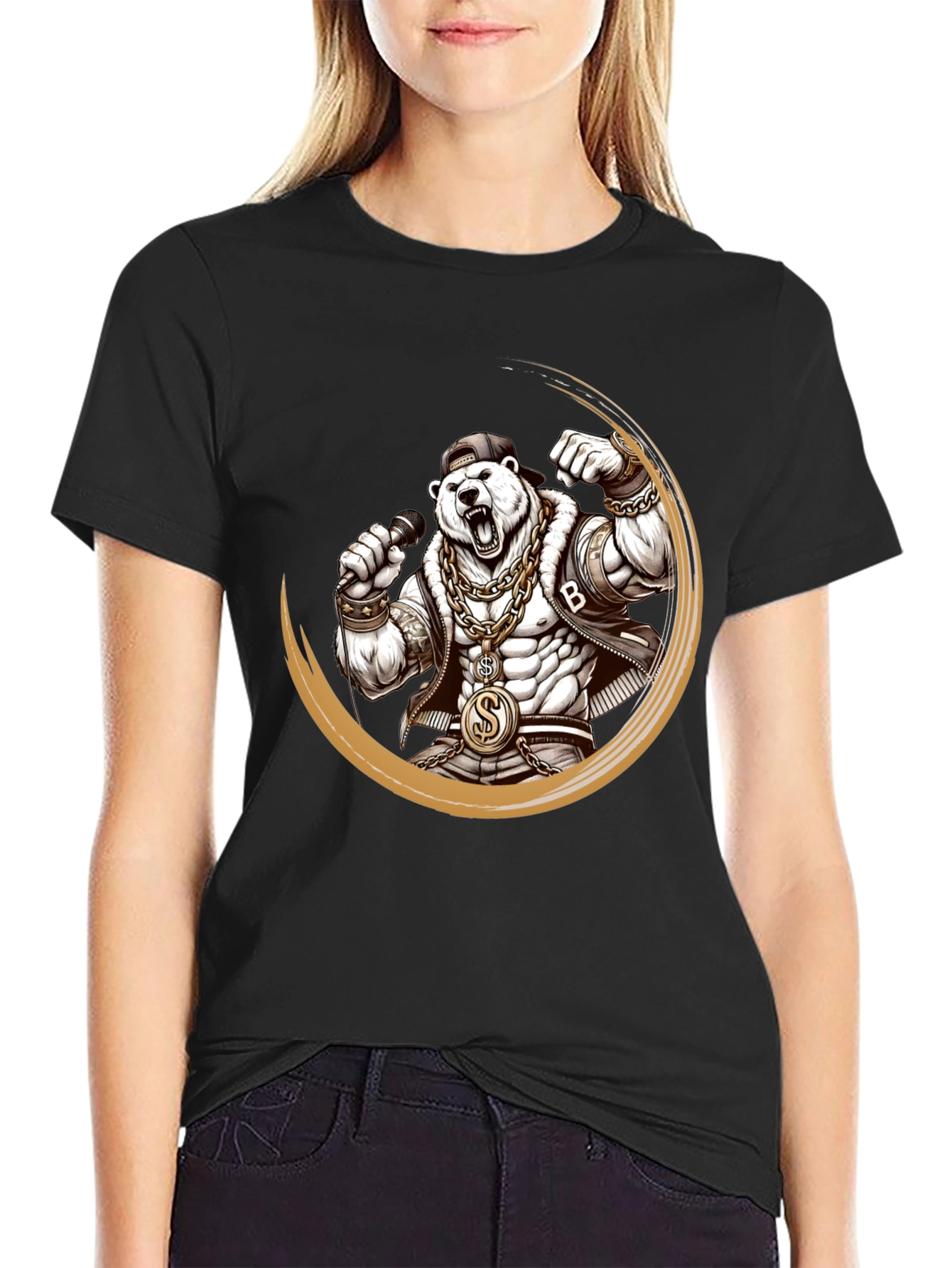 Rapper Bear Graphic Tee - Black Cotton T-Shirt