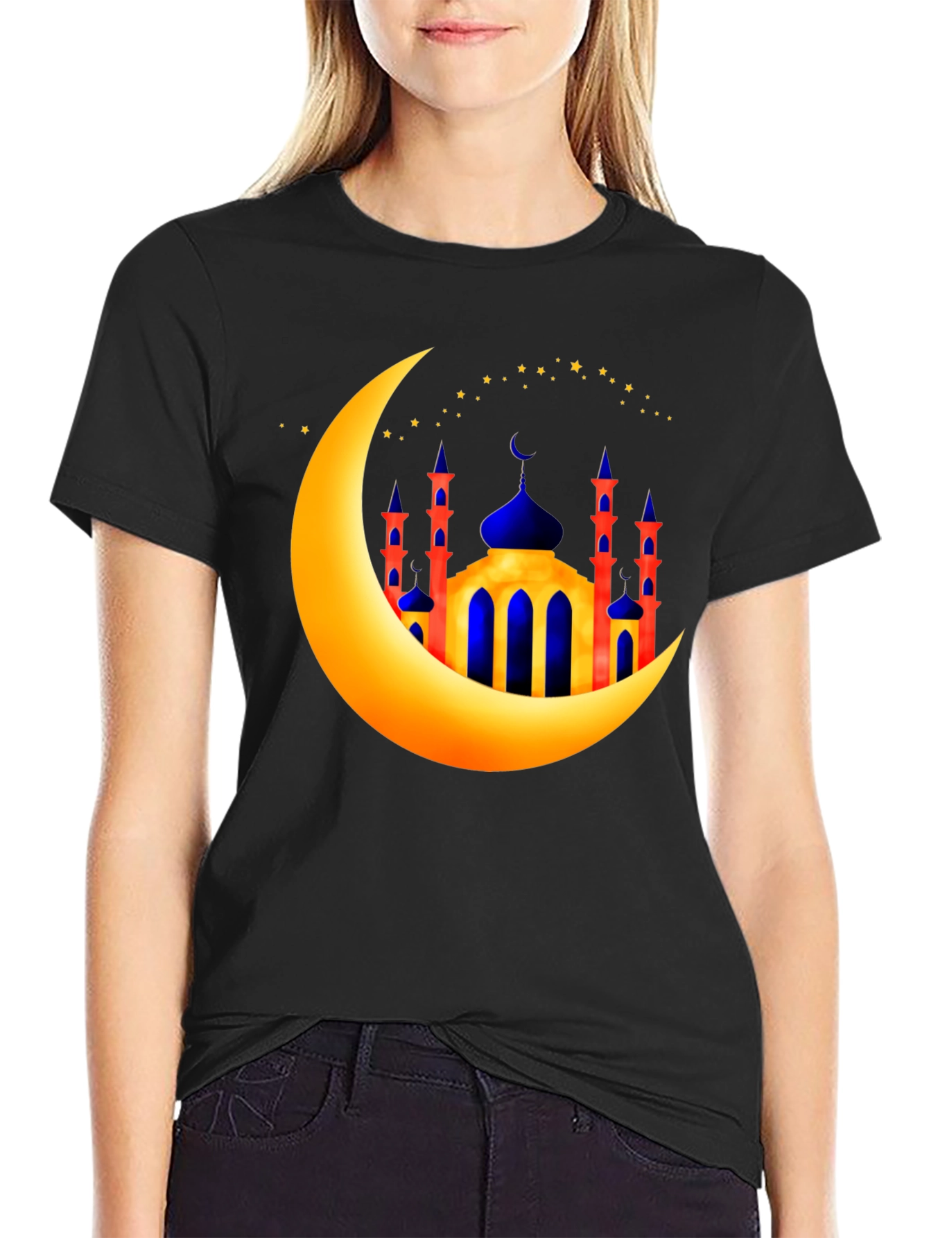 Ramadan Moon & Mosque Graphic Black T-Shirt