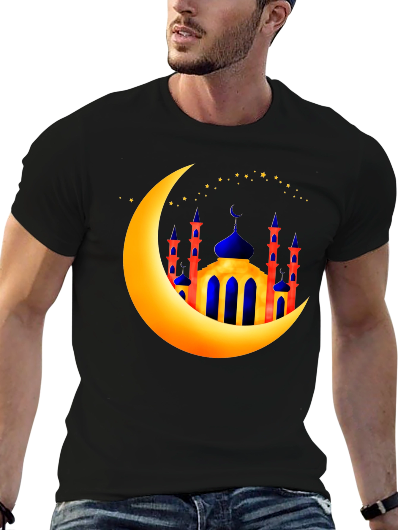 Ramadan Moon & Mosque Graphic Black T-Shirt