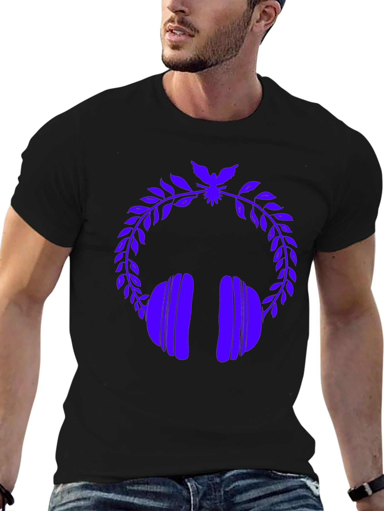 Stylish Graphic Tee - Headphones & Laurel Wreath