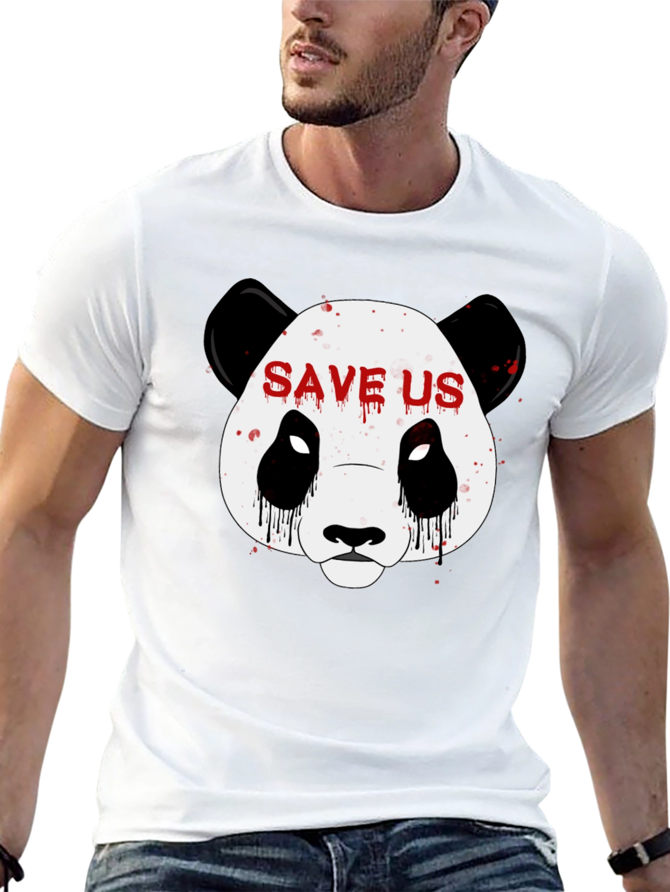 Save Us Panda Graphic Print Black T-Shirt