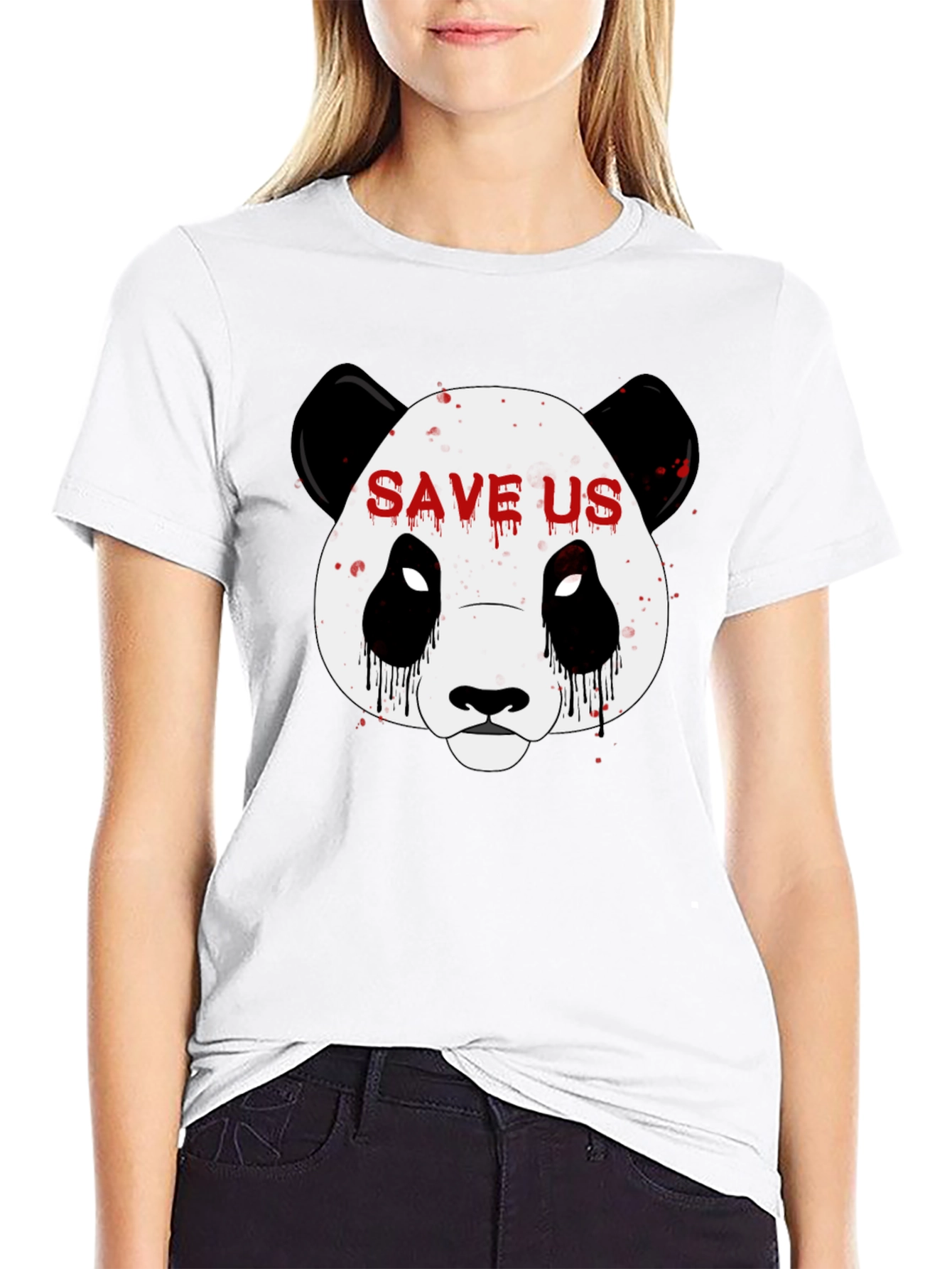 Save Us Panda Graphic Print Black T-Shirt