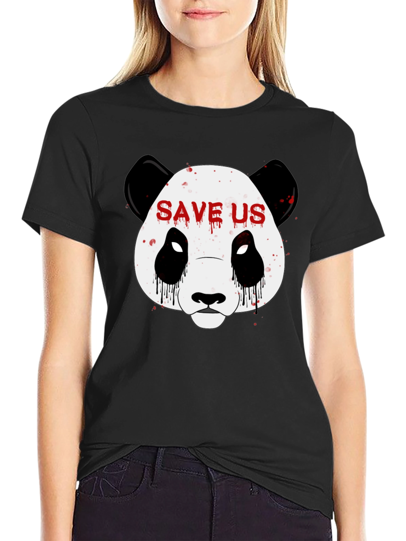 Save Us Panda Graphic Print Black T-Shirt