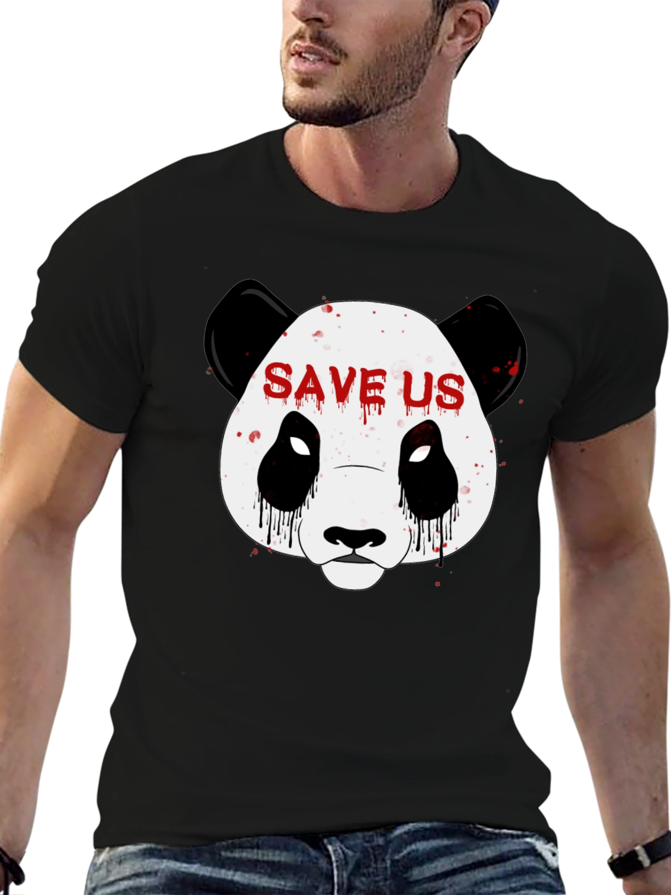 Save Us Panda Graphic Print Black T-Shirt