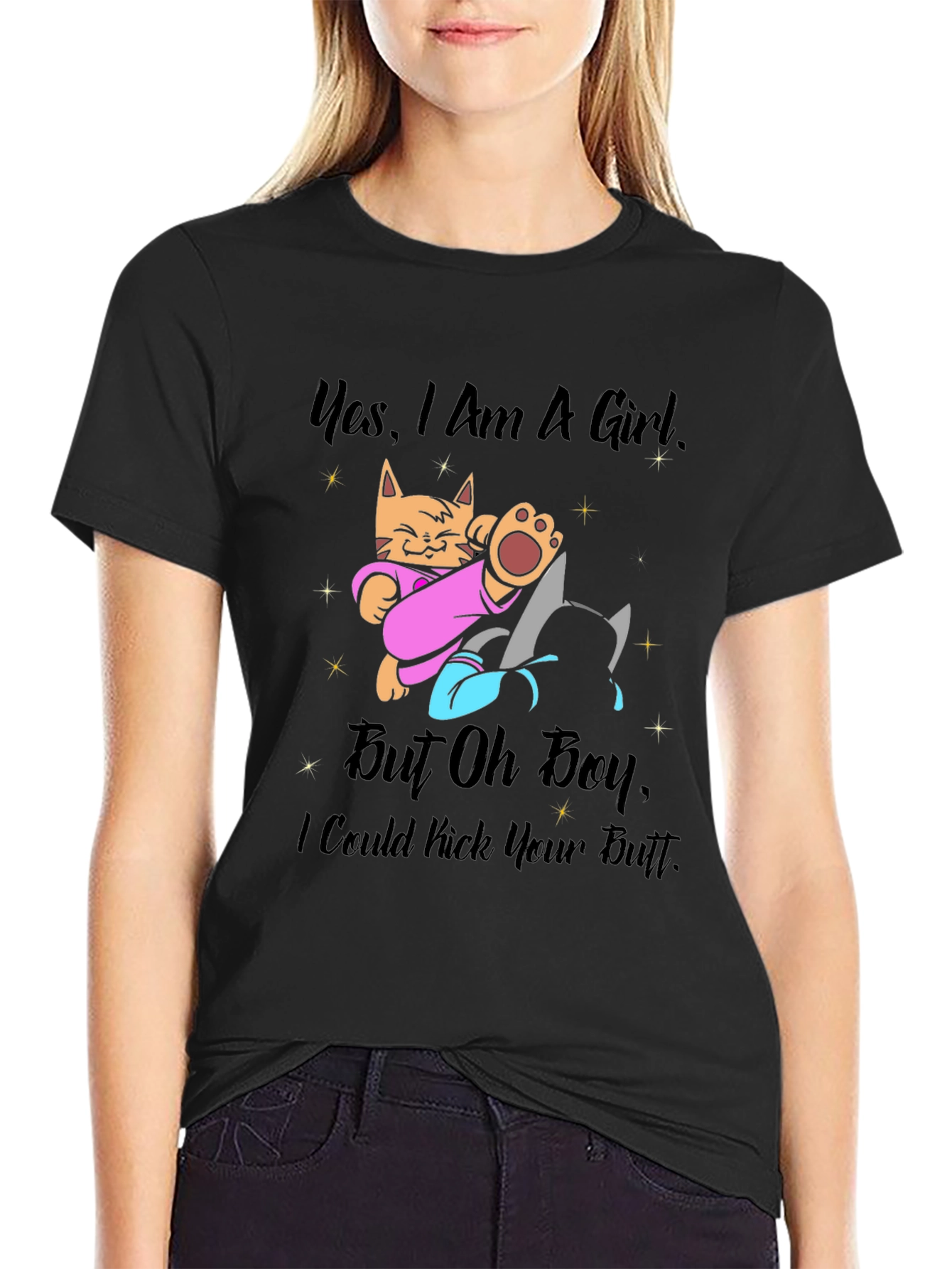 Girl Power Cat Kick Butt Graphic Tee