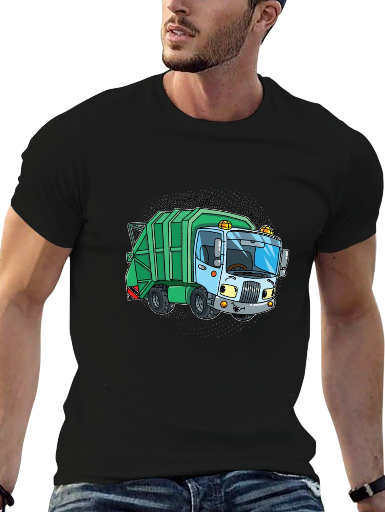 Cartoon Garbage Truck Graphic Tee - Black
