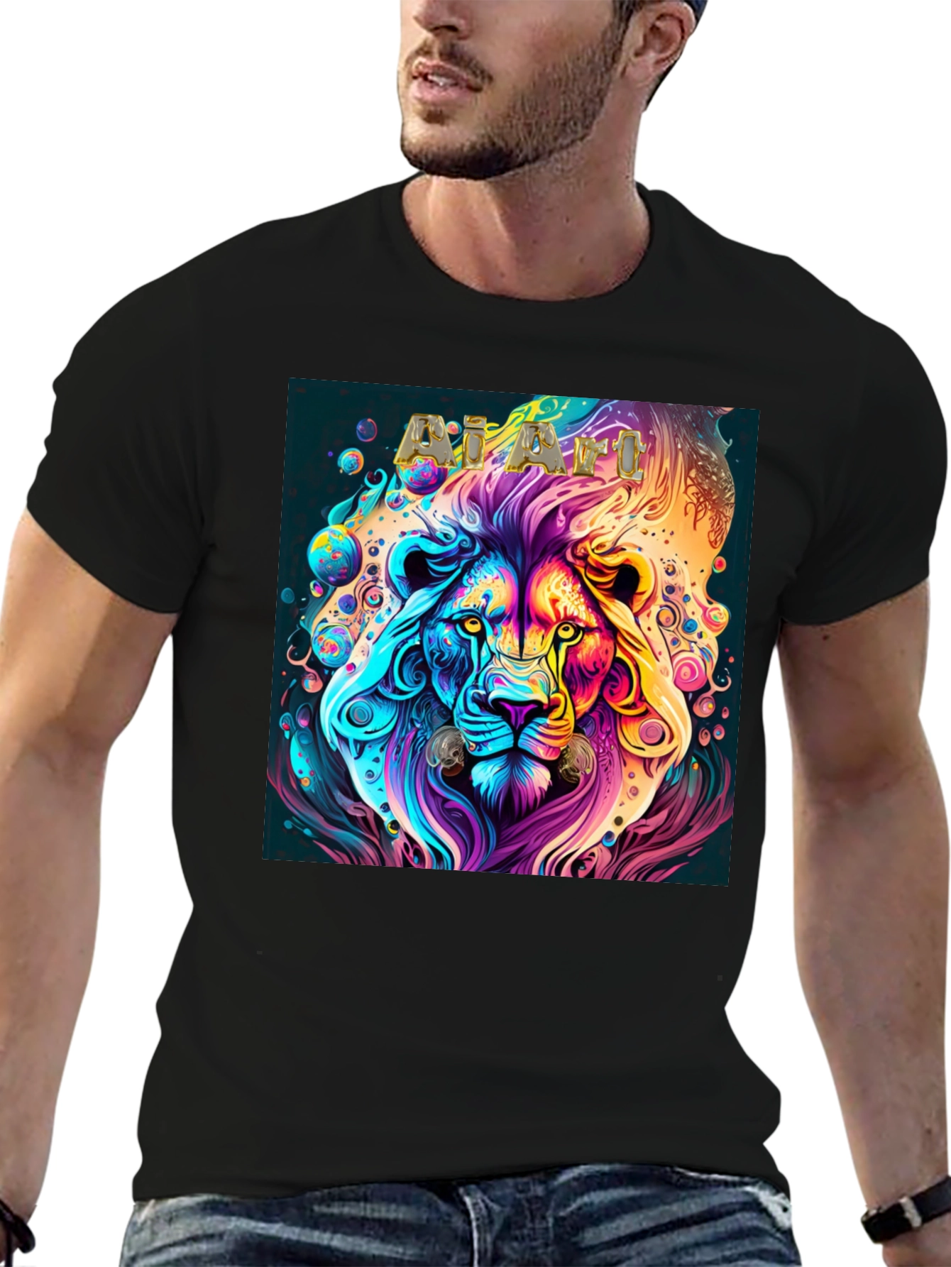 Psychedelic Lion Graphic T-Shirt - Black