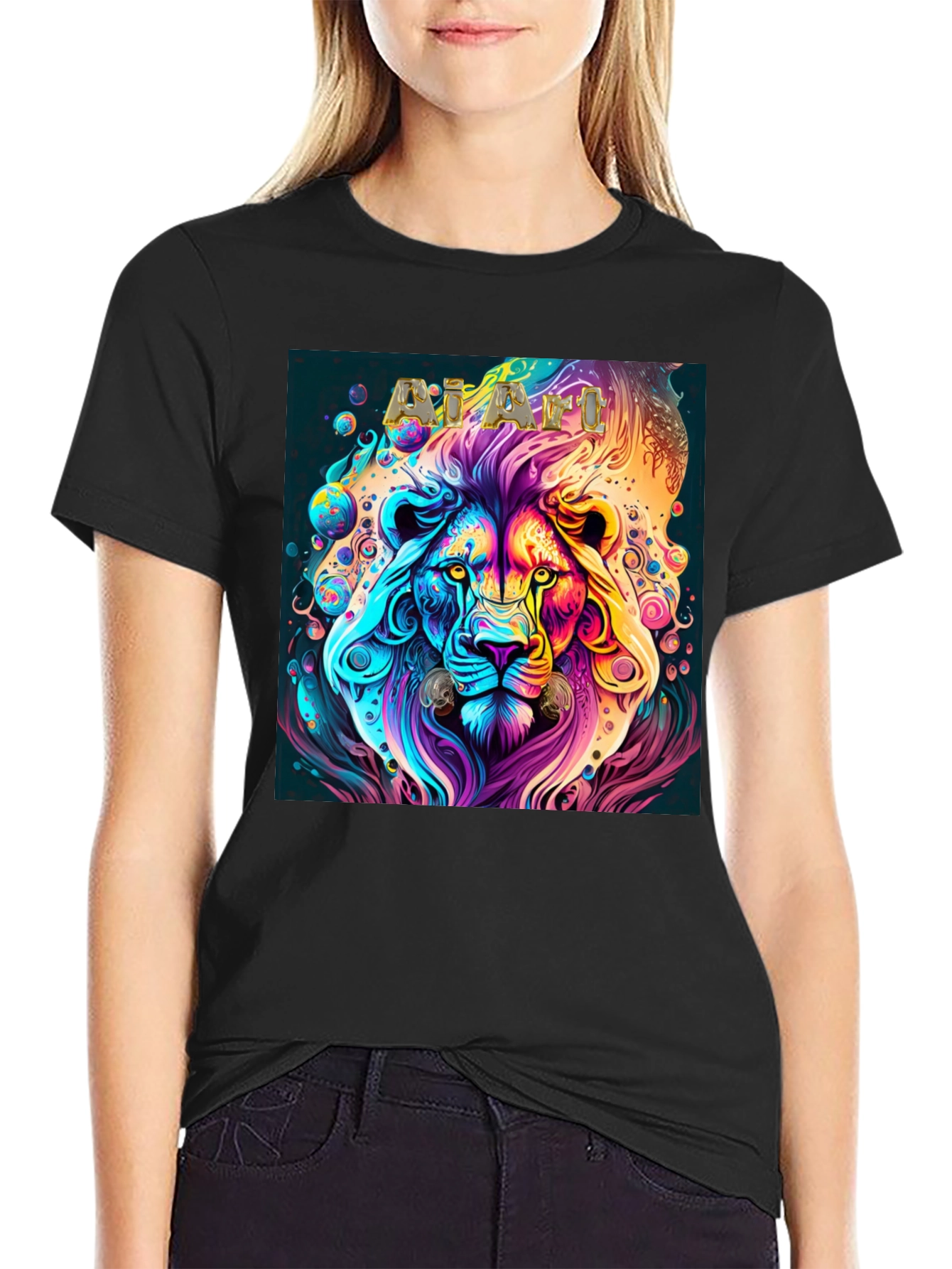 Psychedelic Lion Graphic T-Shirt - Black