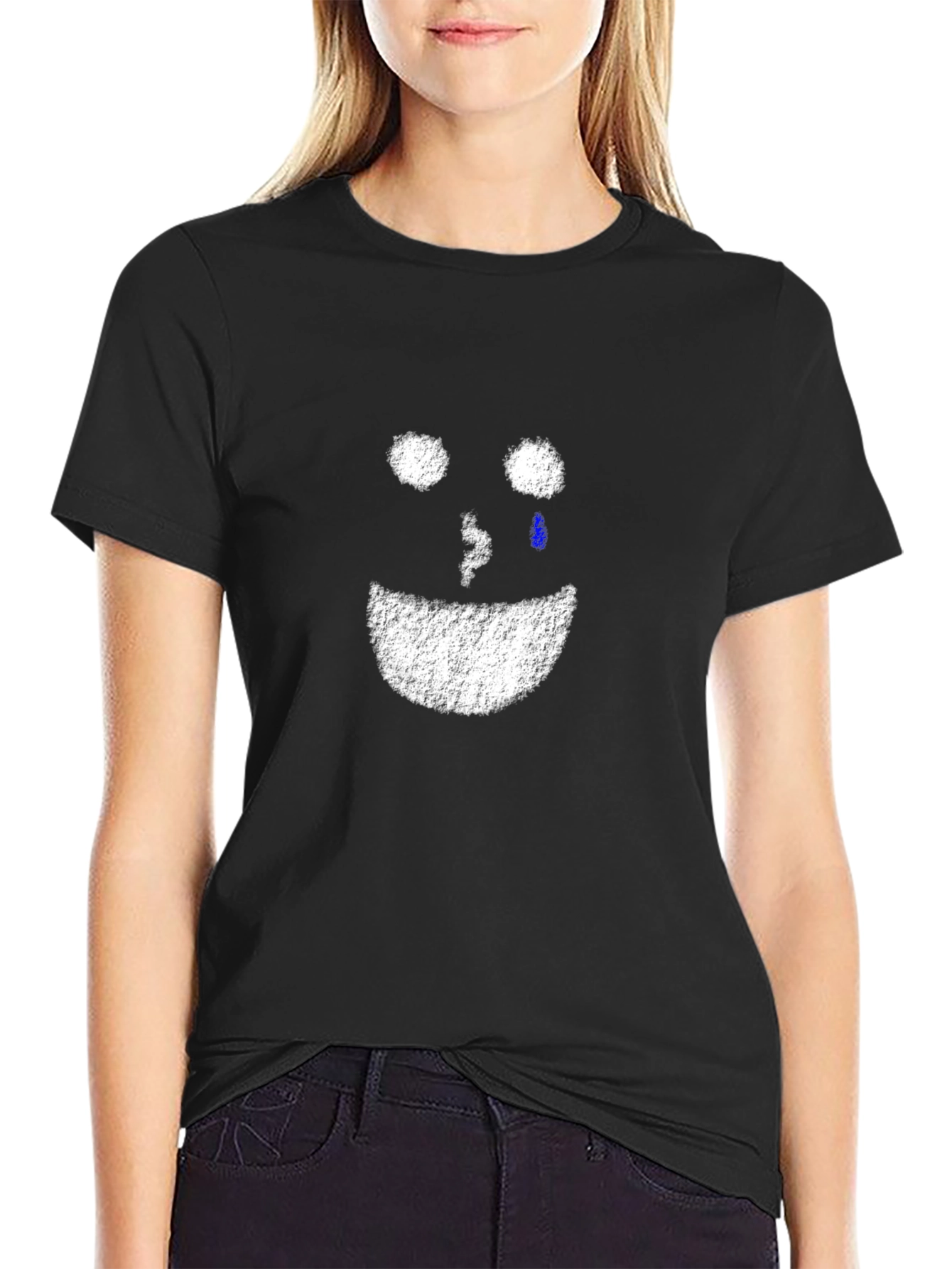 Distressed Crying Face Graphic Black T-Shirt