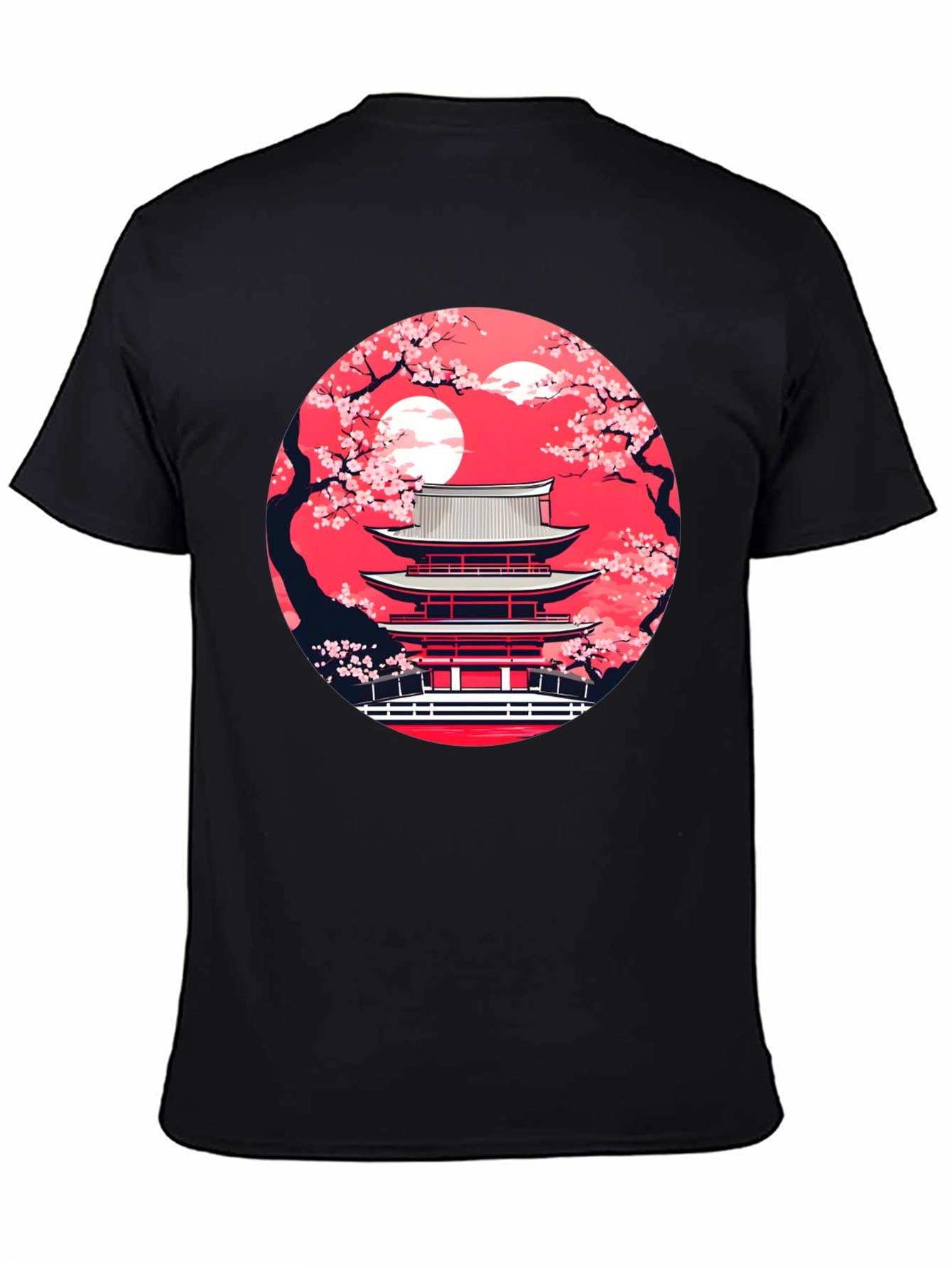 Japanese Temple Sakura Black T-Shirt