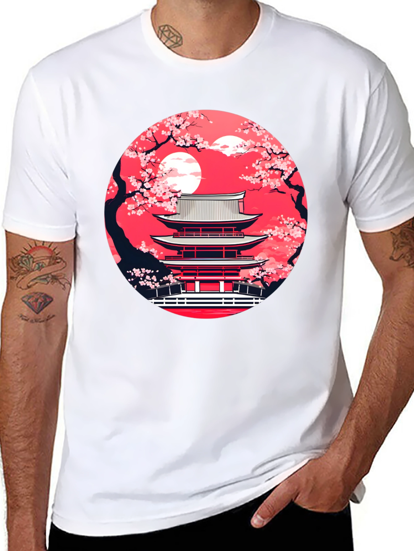 Japanese Temple Sakura Black T-Shirt