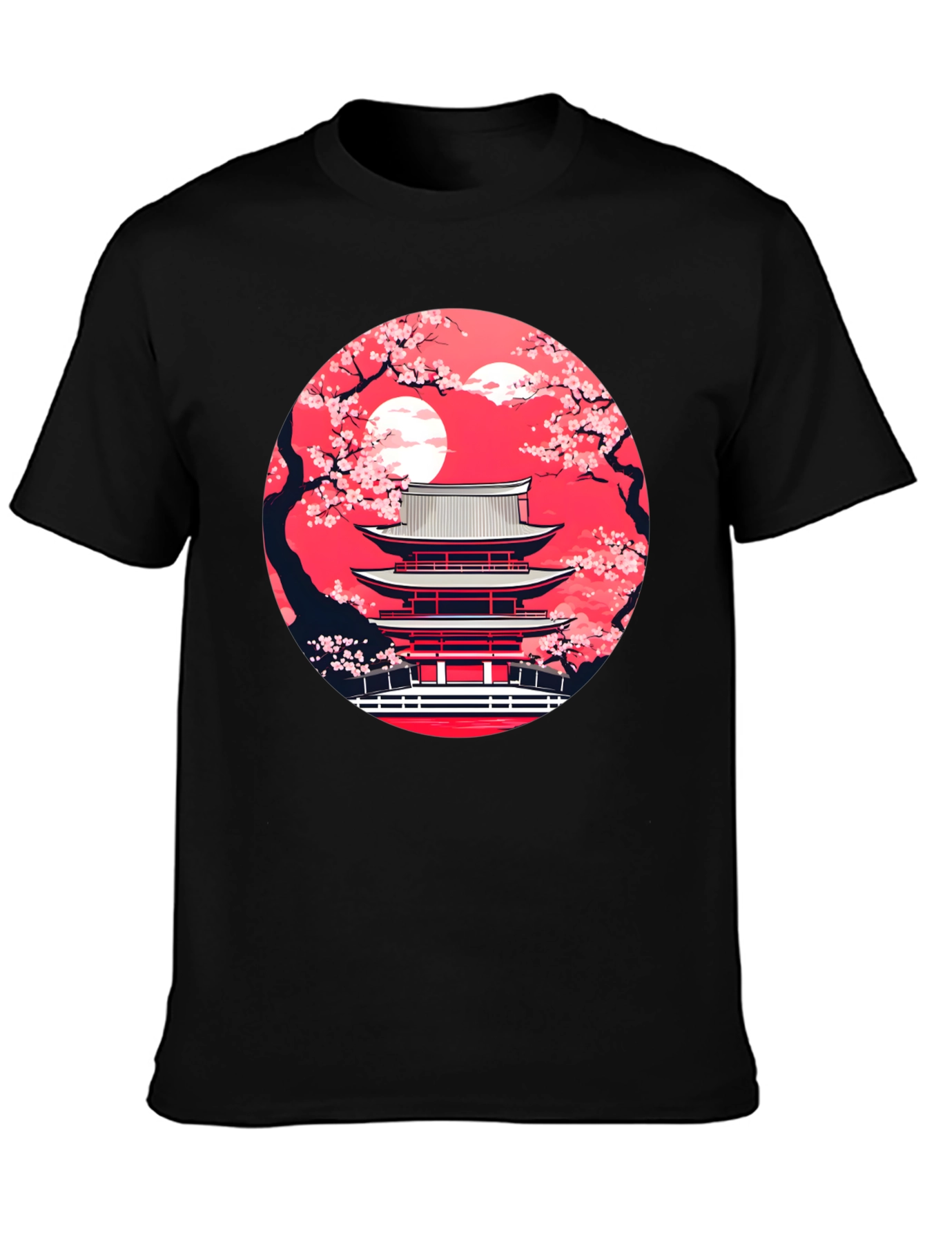 Japanese Temple Sakura Black T-Shirt