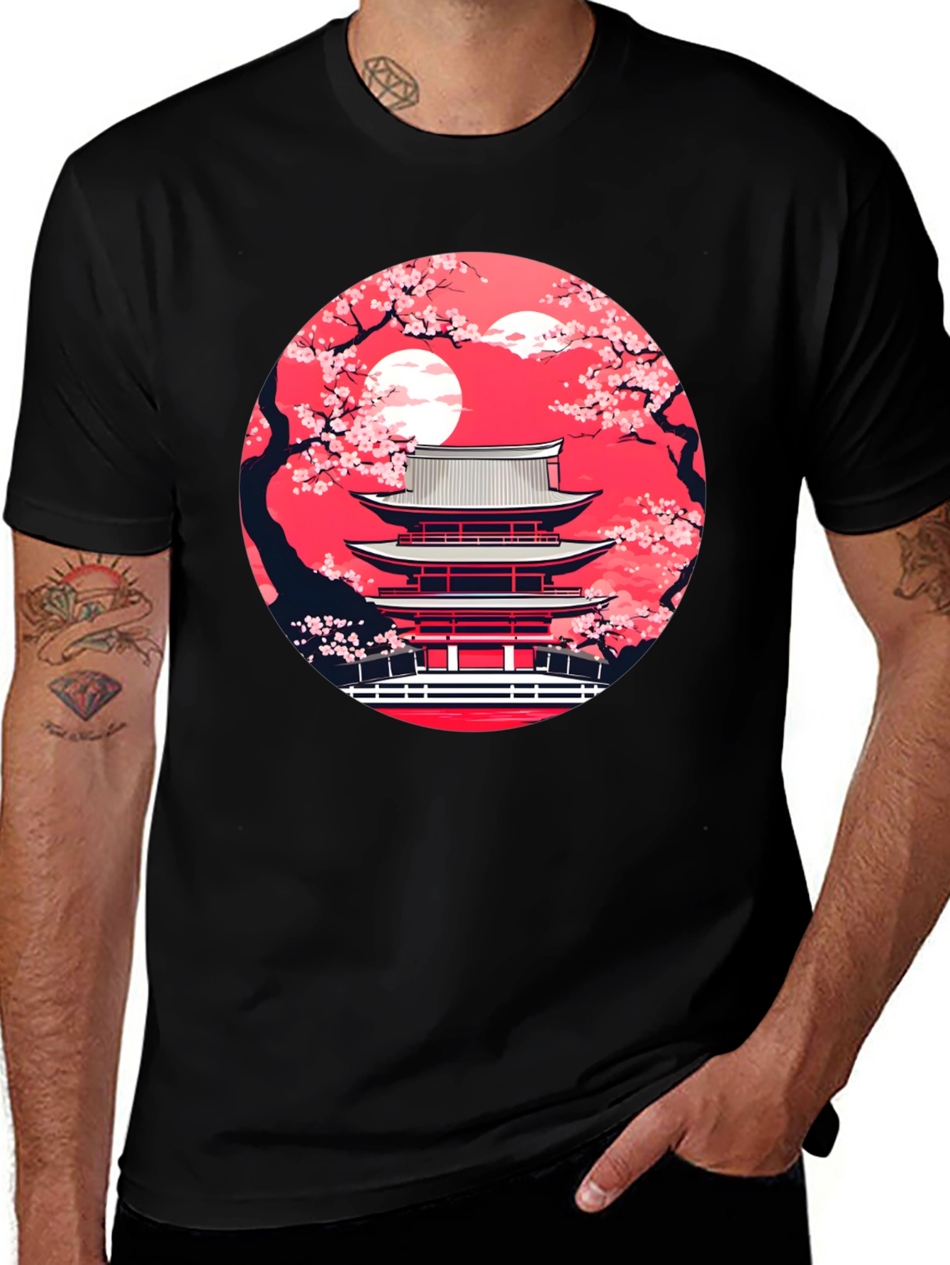 Japanese Temple Sakura Black T-Shirt