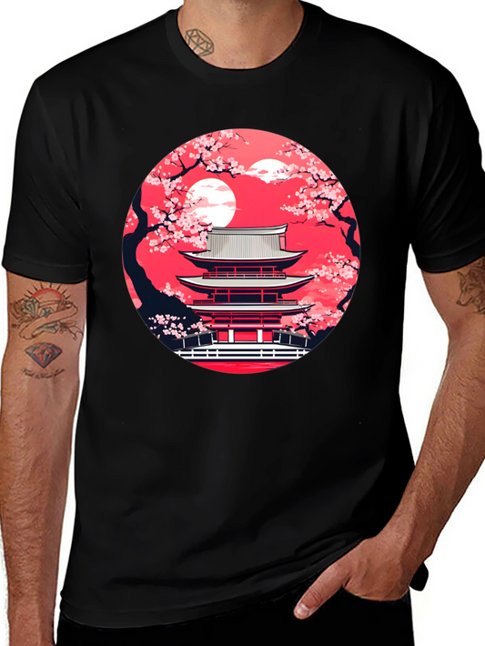 Japanese Temple Sakura Black T-Shirt