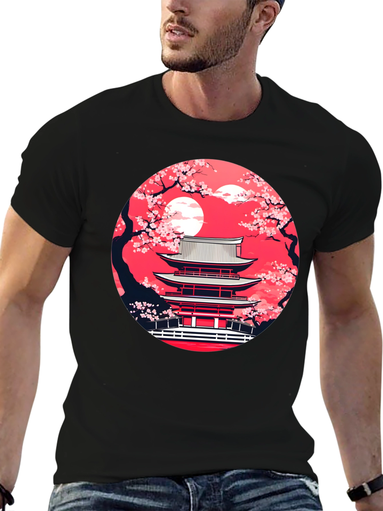 Japanese Temple Sakura Black T-Shirt
