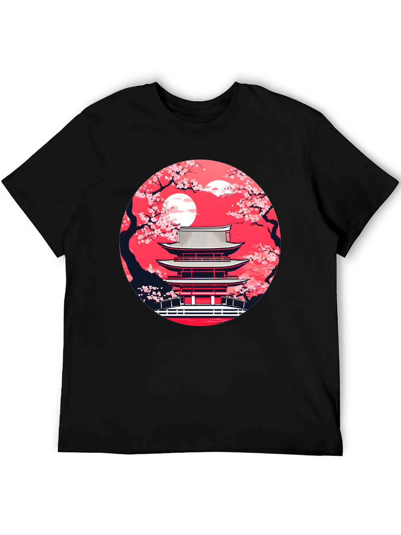 Japanese Temple Sakura Black T-Shirt