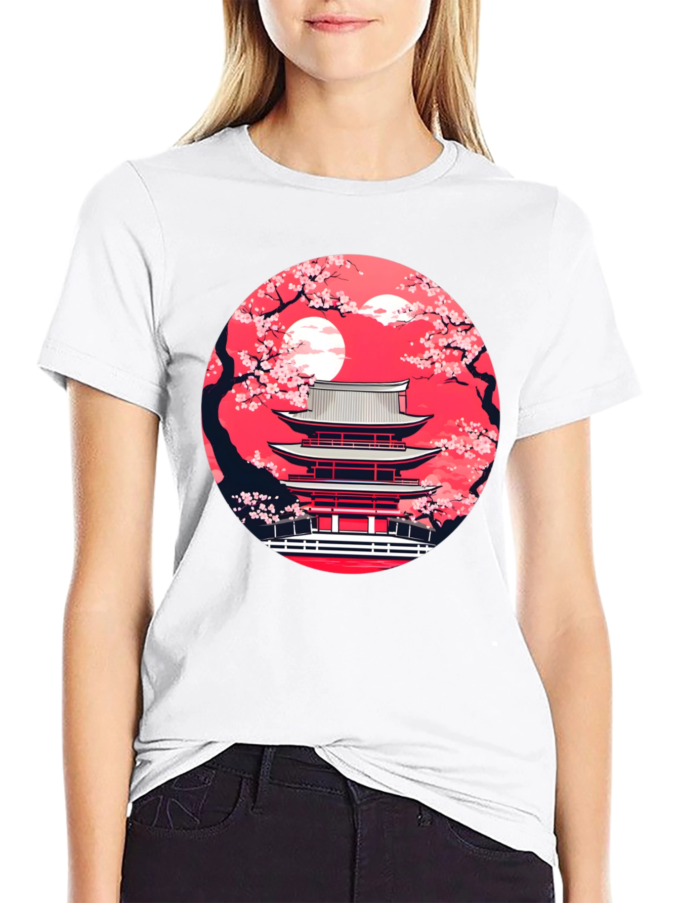 Japanese Temple Sakura Black T-Shirt