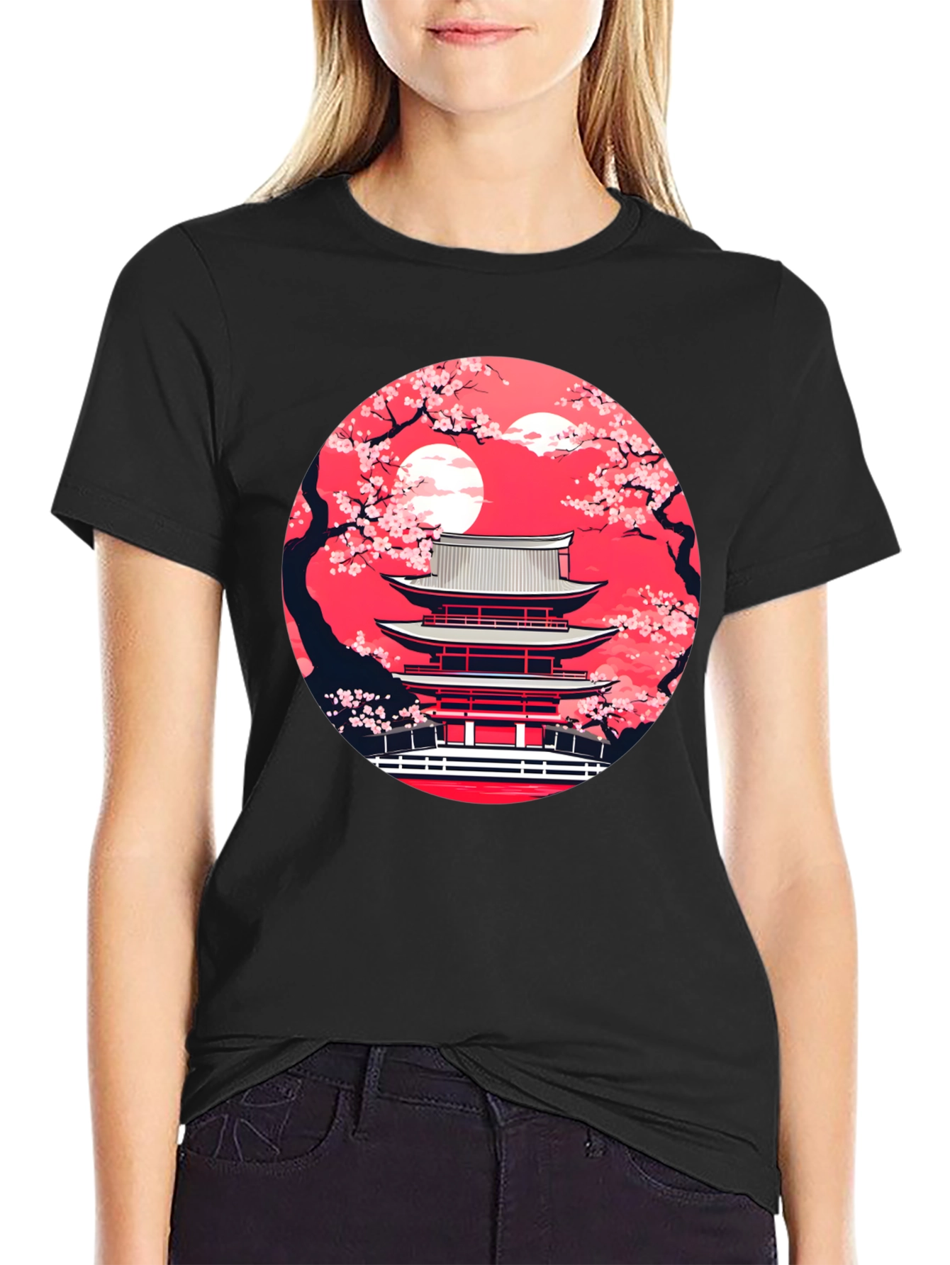 Japanese Temple Sakura Black T-Shirt