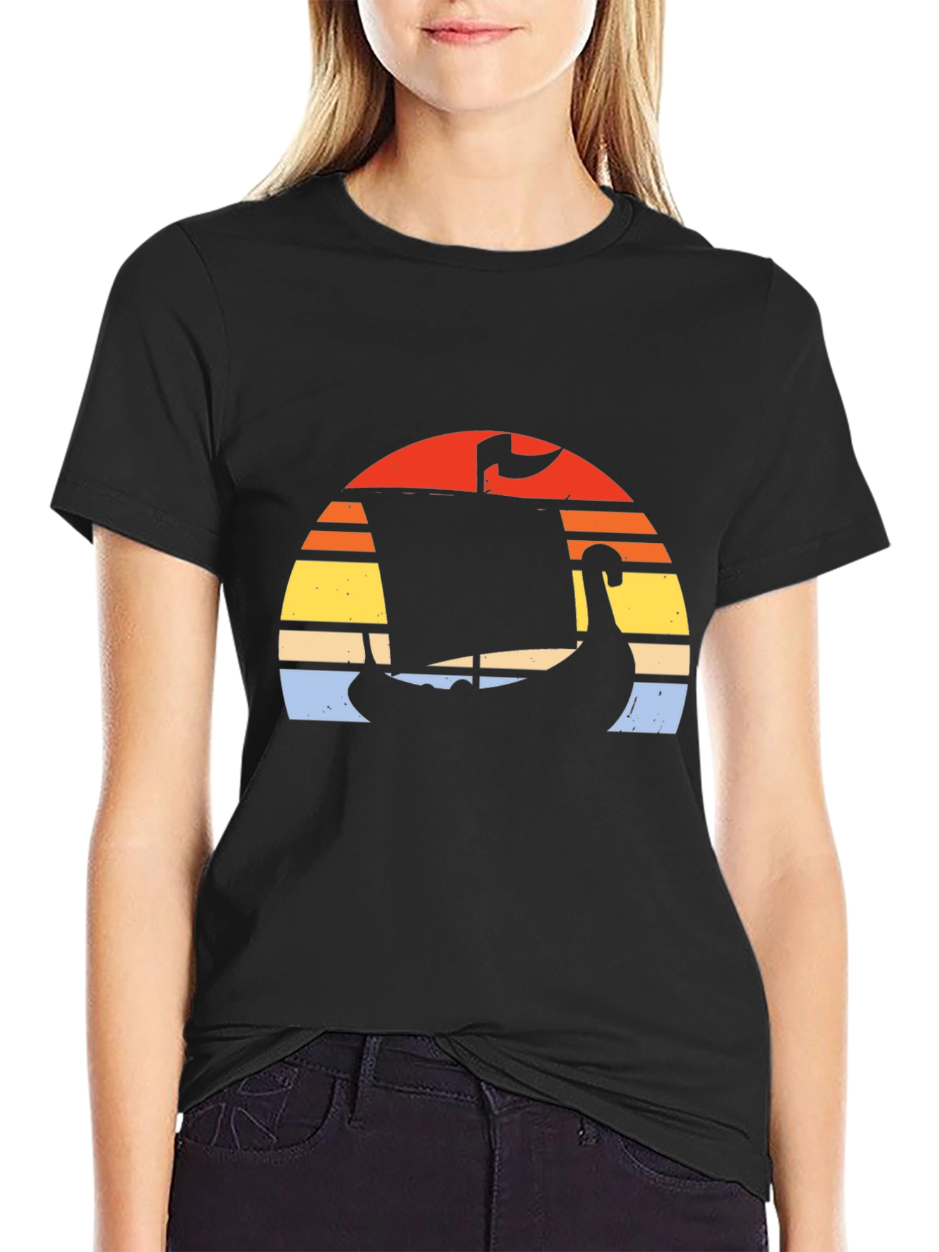 Retro Viking Ship Sunset T-Shirt