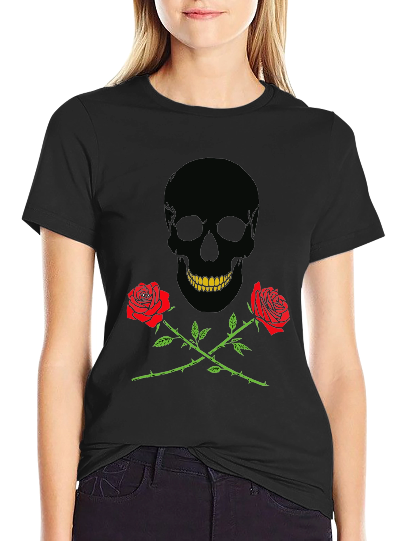 Skull & Roses Graphic Tee - Black Cotton T-Shirt