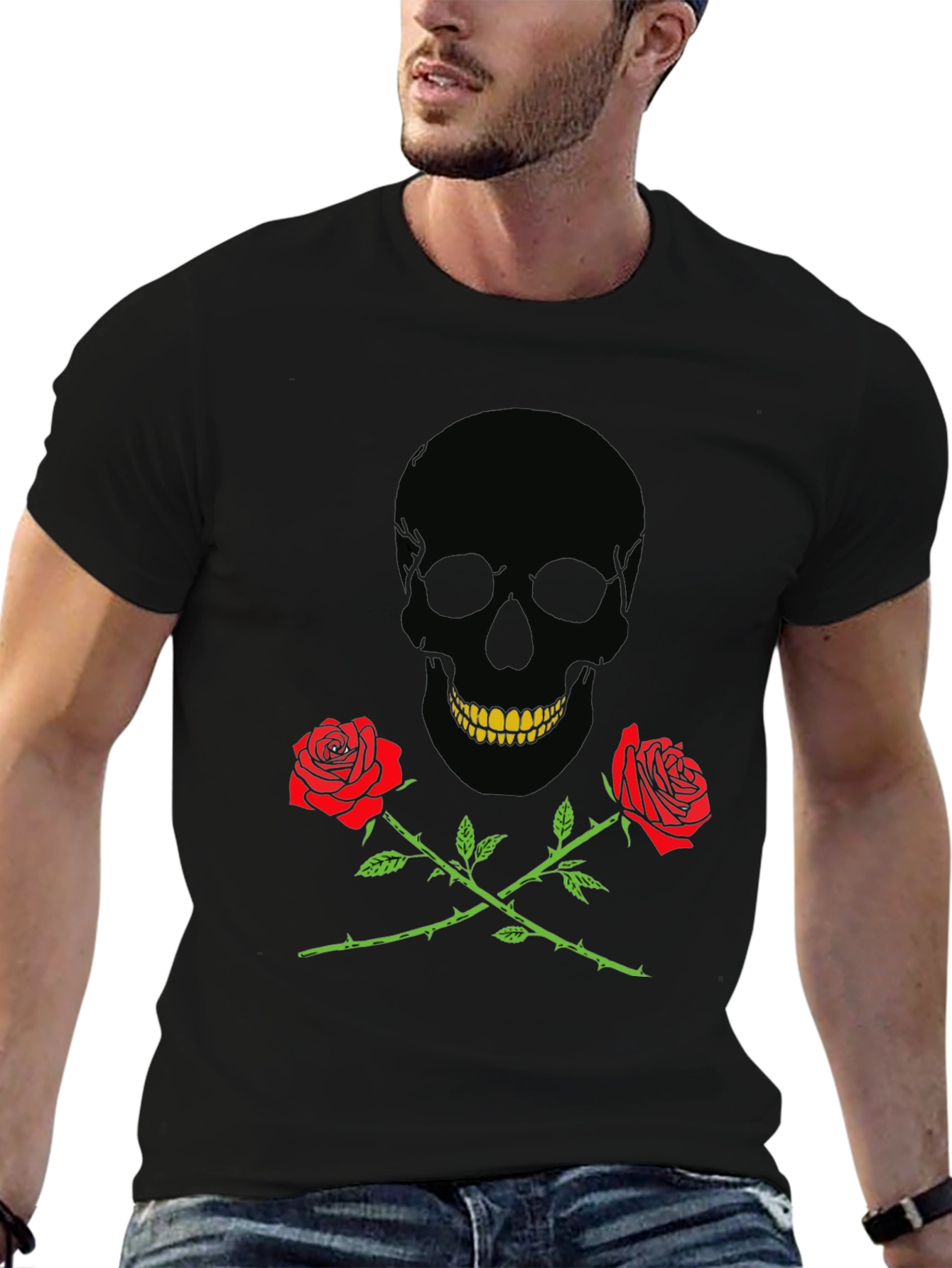 Skull & Roses Graphic Tee - Black Cotton T-Shirt