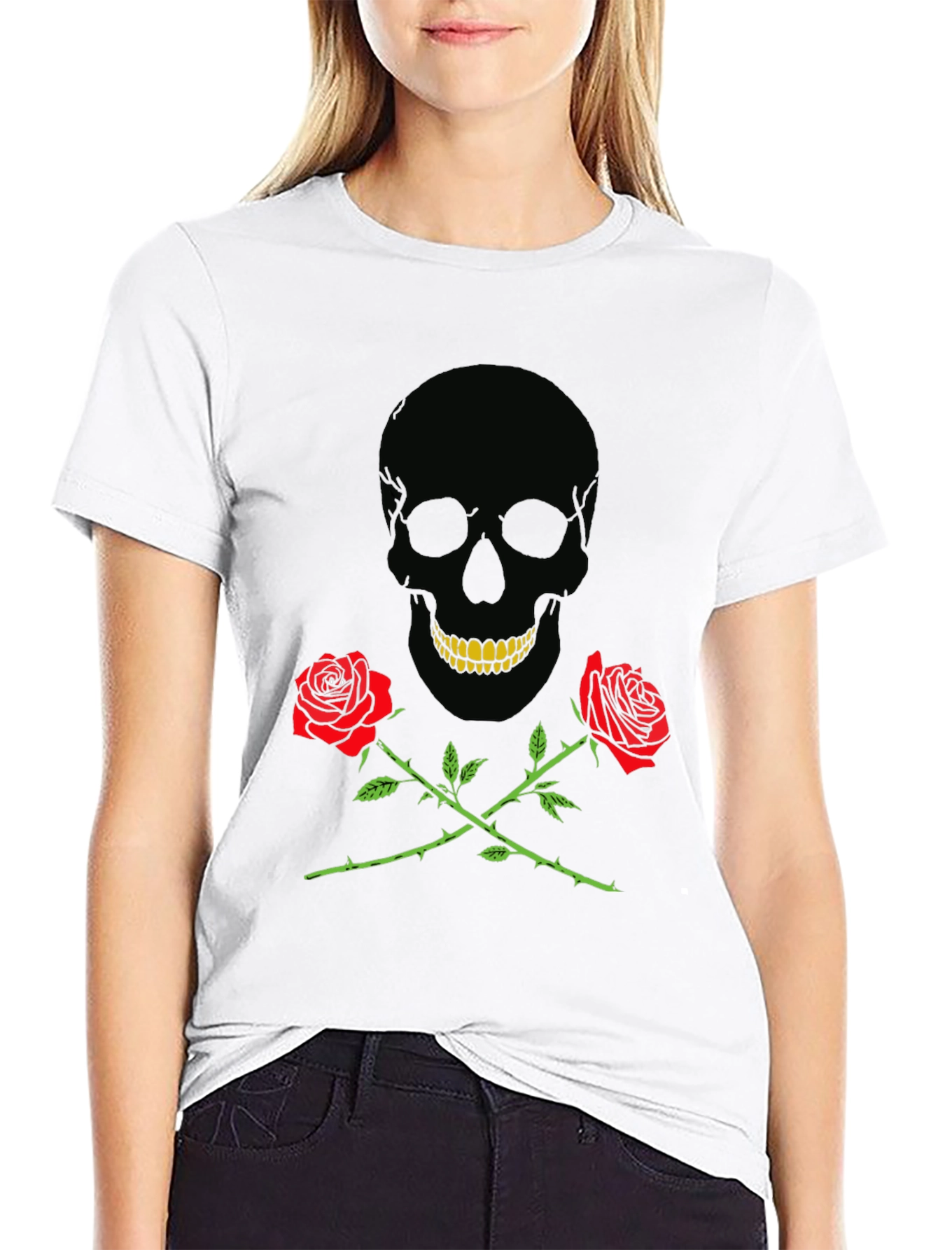 Skull & Roses Graphic Tee - Black Cotton T-Shirt