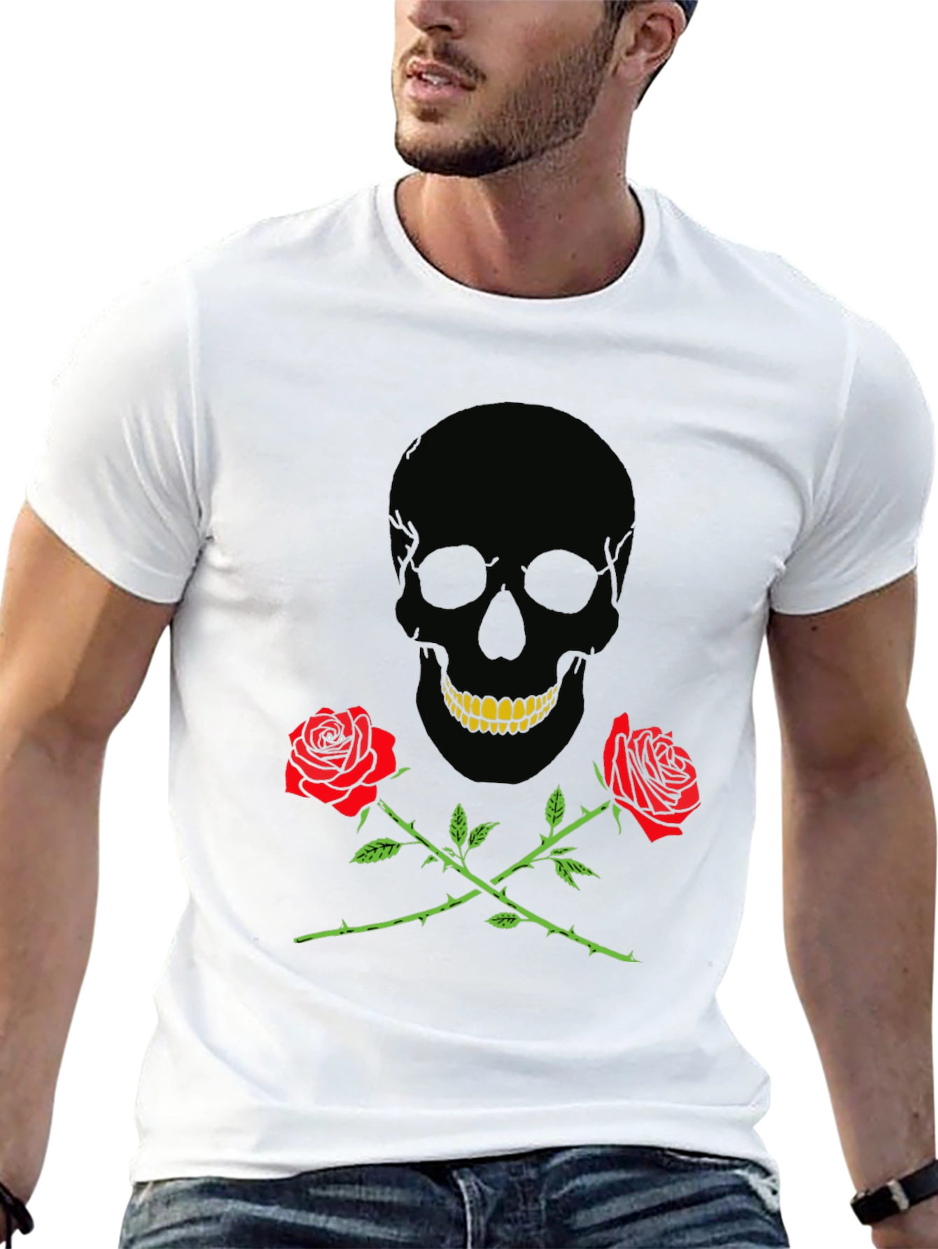 Skull & Roses Graphic Tee - Black Cotton T-Shirt