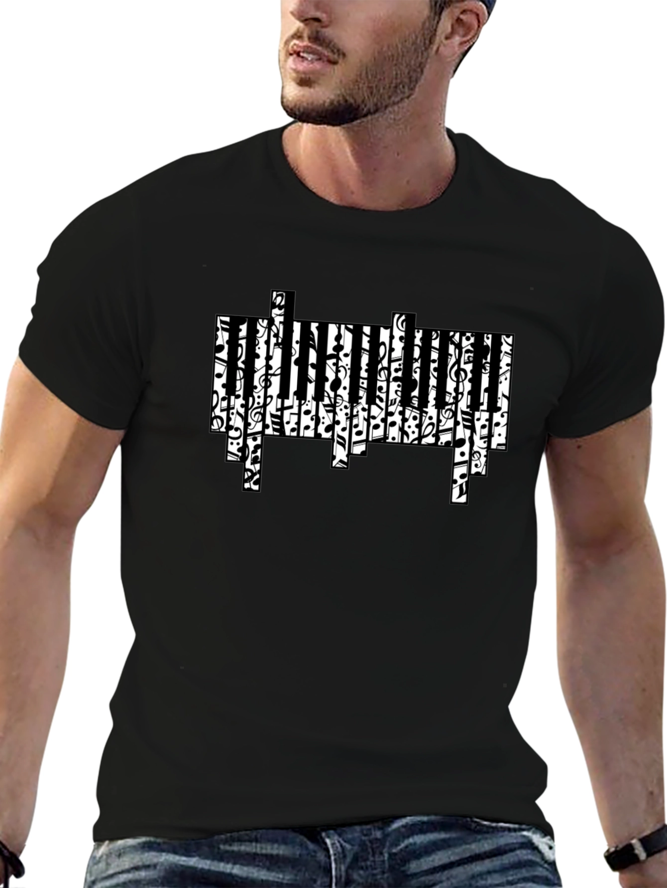 Musical Piano Key Design Black T-Shirt