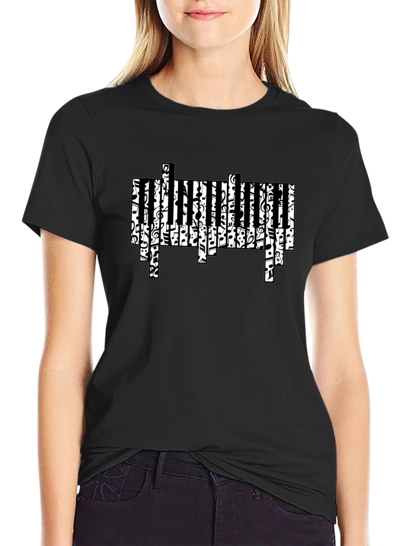 Musical Piano Key Design Black T-Shirt