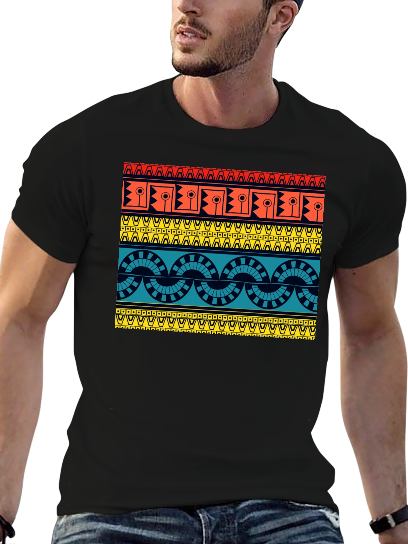 Geometric Aztec Pattern Black T-Shirt