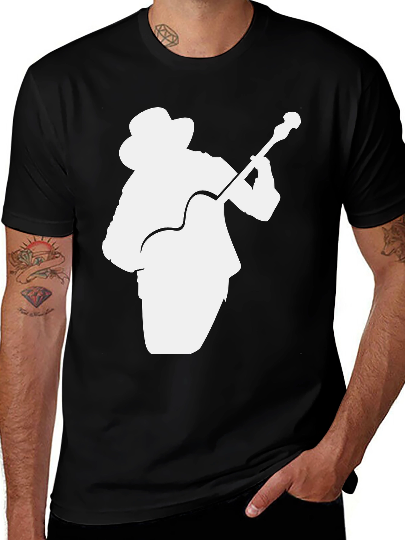 Black T-Shirt with Guitar Player Silhouette
