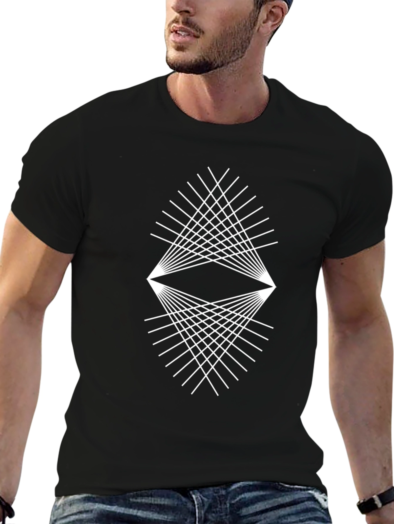 Geometric Line Art Graphic Black T-Shirt