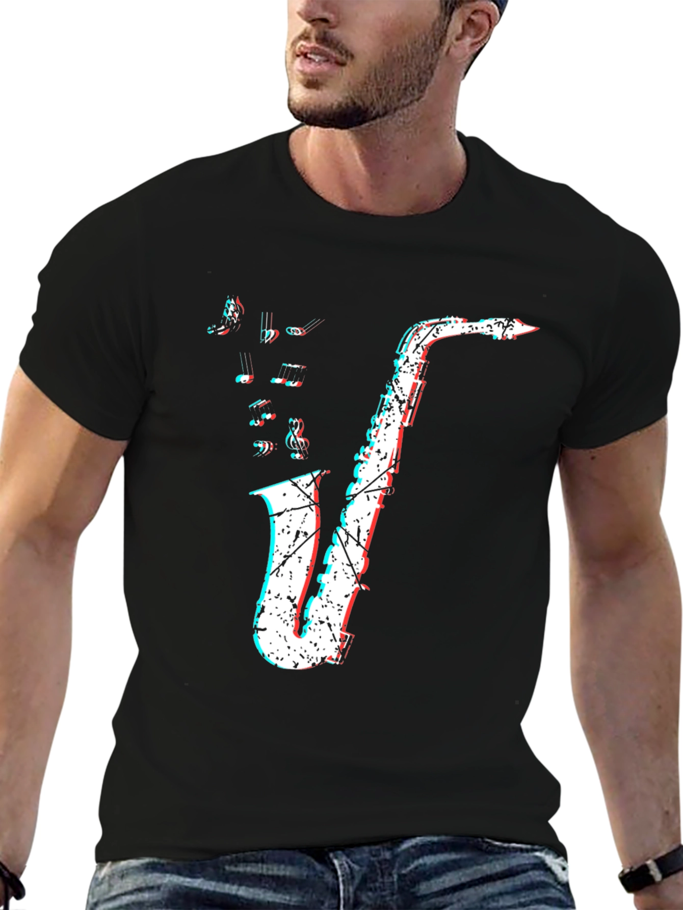 Saxophone Graphic Print Mens Black T-Shirt