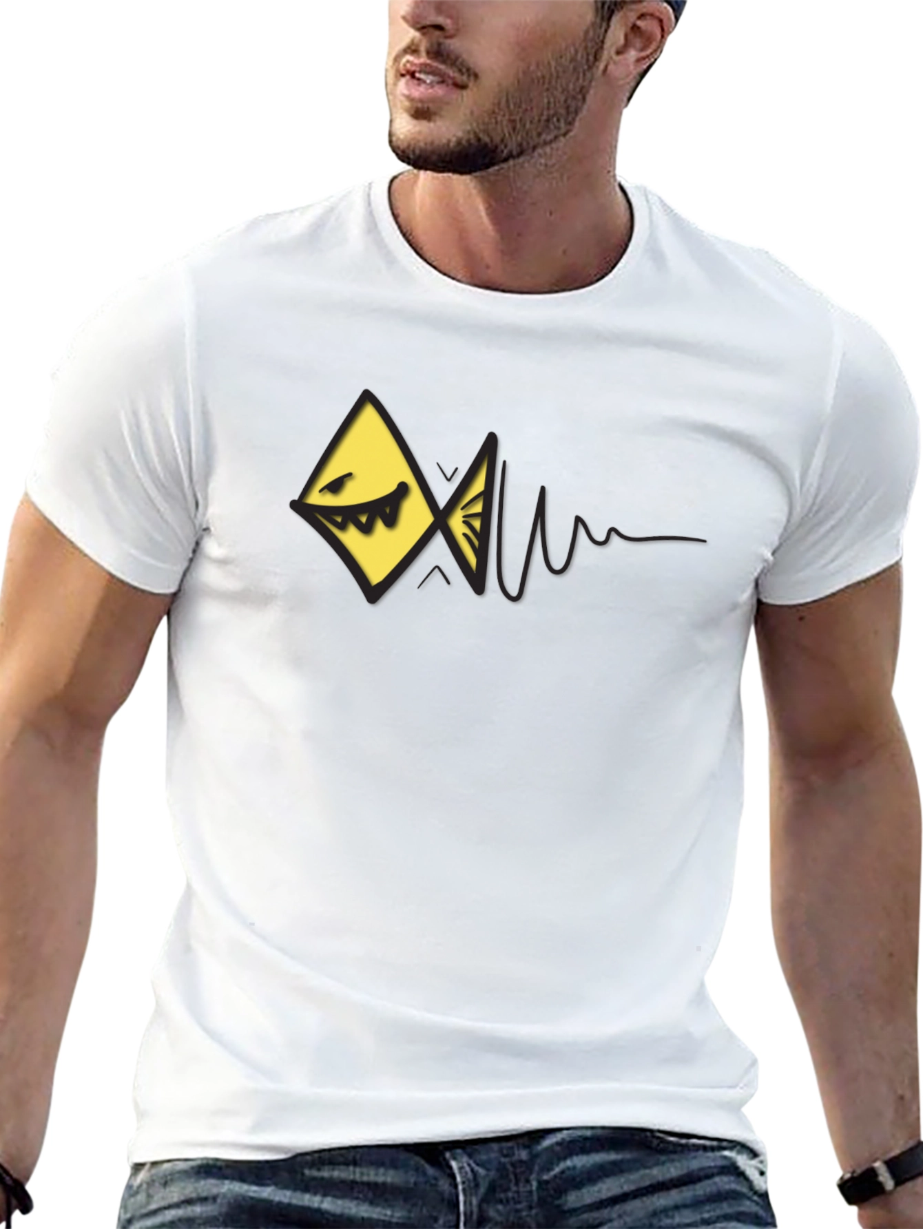 Edgy Geometric Fish Graphic Black T-Shirt